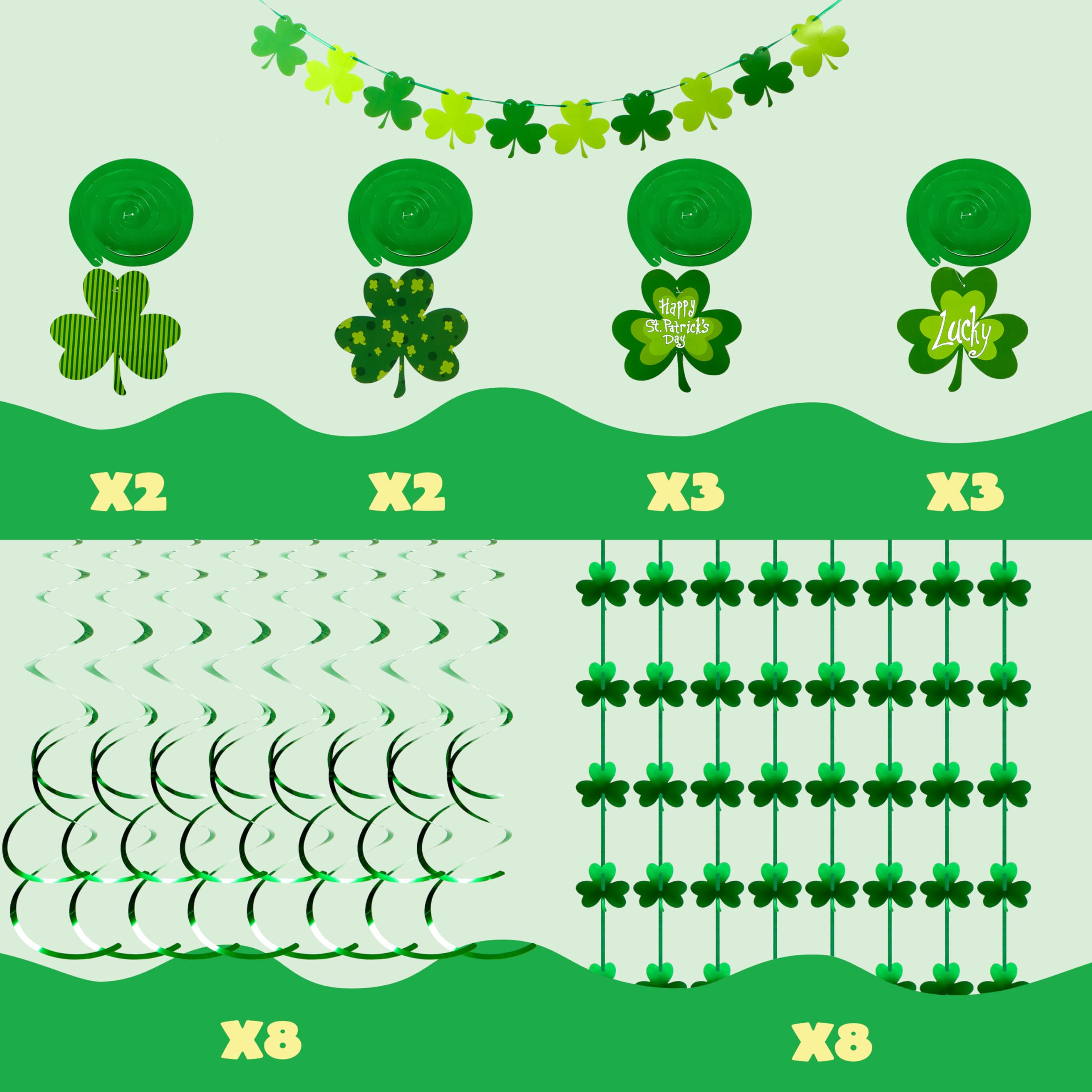 JOYIN 27 Pcs St. Patrick's Day Decoration with Irish Saint Patricks Green Shamrock Foil Strings, Hanging Swirls with Garland. Ceiling Hanging and Wall Decor