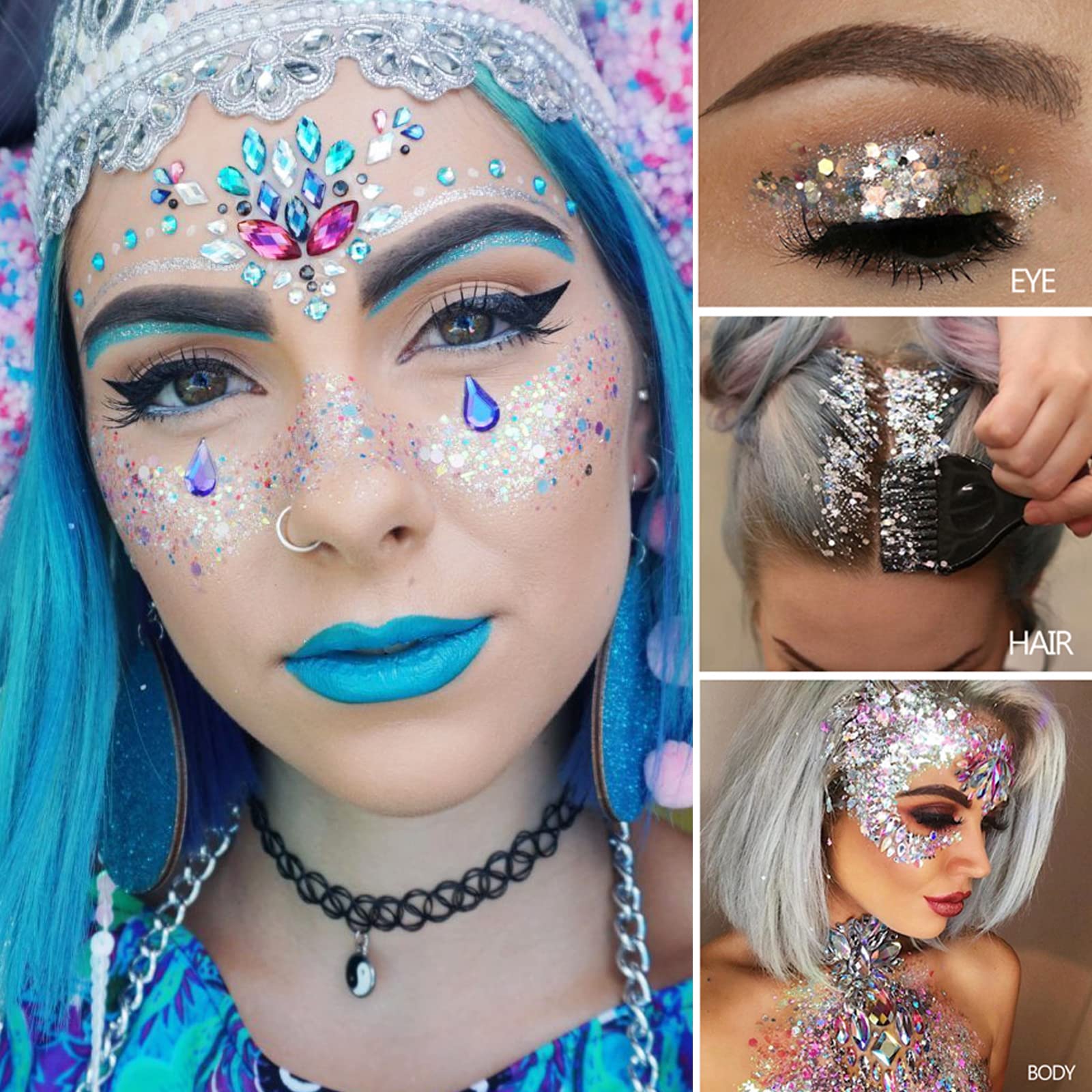 MEICOLY Clear White Body Glitter,Mardi Gras Face Glitter Singer Concerts Festival Rave Accessories,Chunky Hair Sparkling Halloween Glitter Gel for Women,Mermaid Sequins Glitter Face Paint,50ml