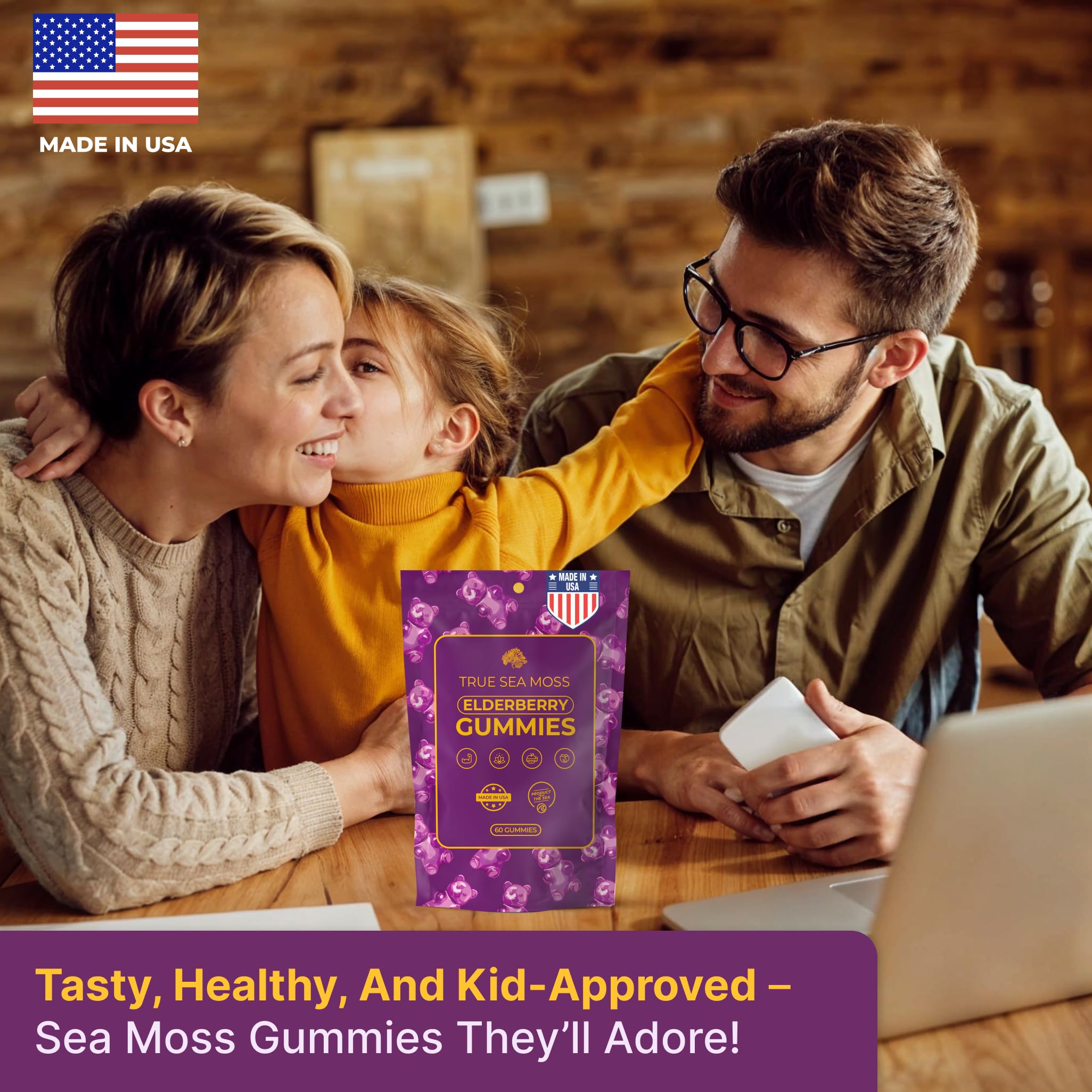TrueSeaMoss Sea Moss Elderberry Gummies for Adults & Kids - Magnesium, Burdock Root & Bladderwrack – Supports Immune, Boost Energy, Skin & Hair Health, Detox – Made in USA - 60 Vegan Gummies