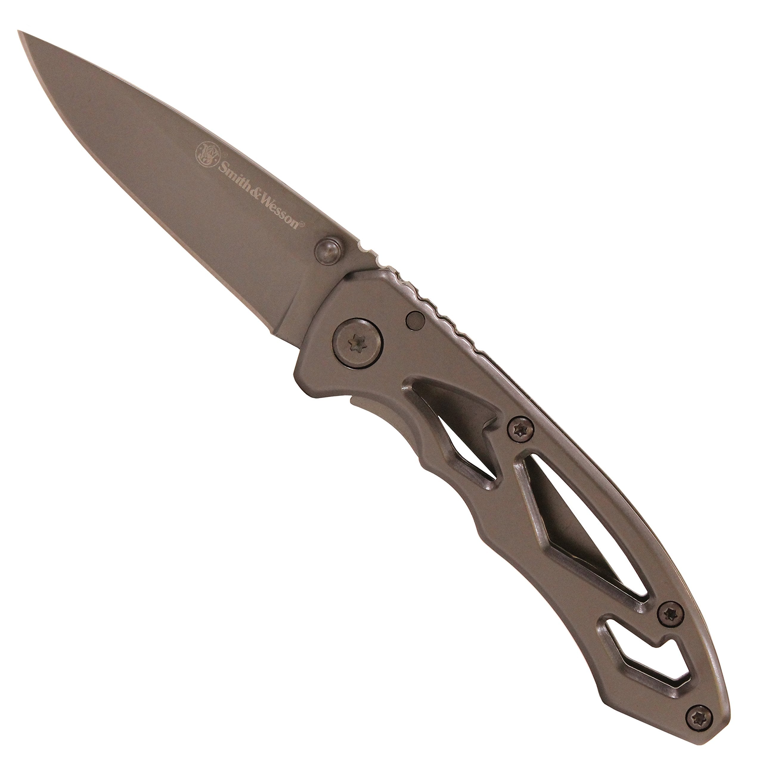 Smith & Wesson CK400 5.4in High Carbon S.S. Folding Knife with a 2.2in Drop Point Blade and Stainless Steel Handle for Outdoor, Tactical, Survival and EDC