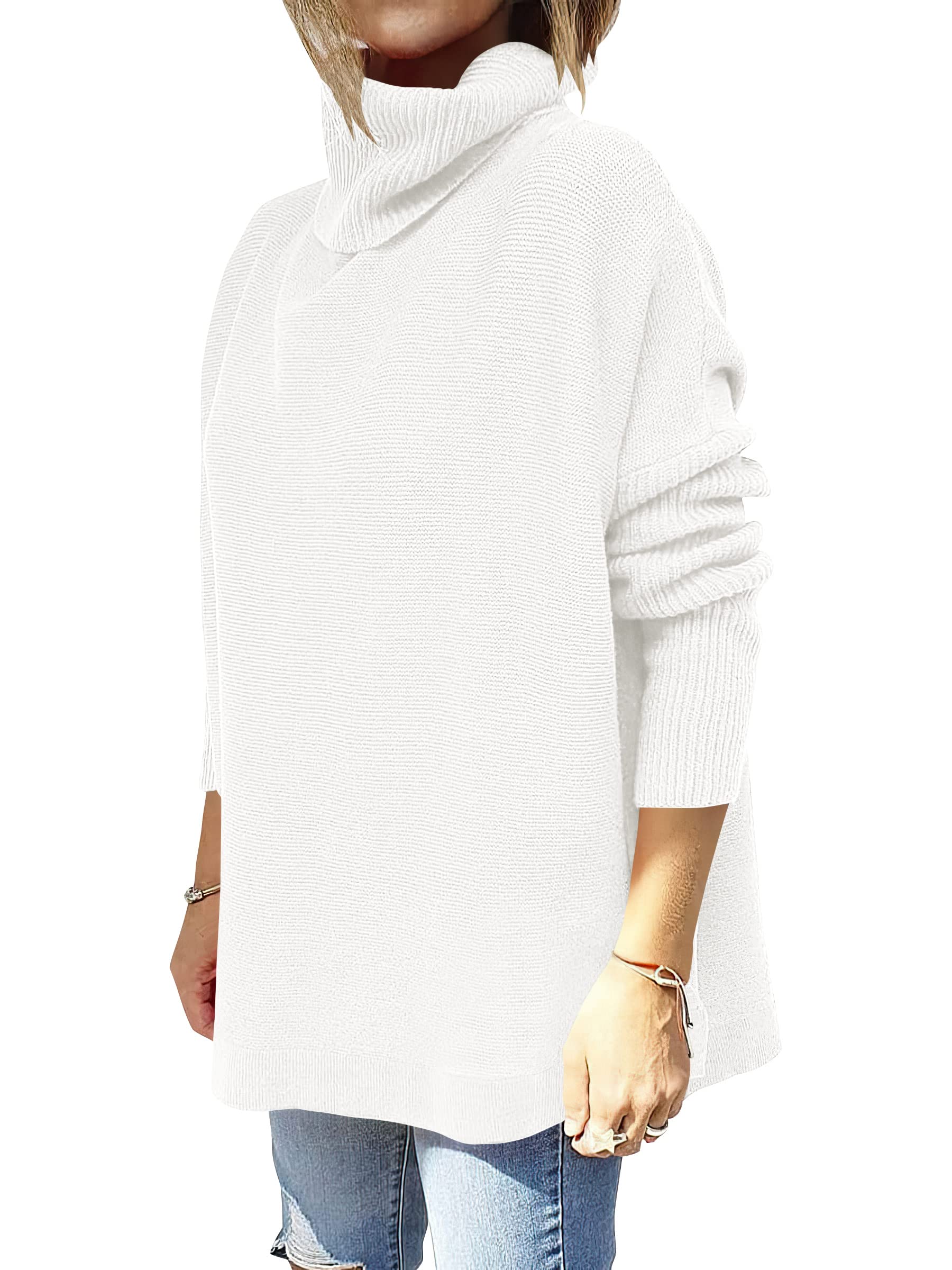 ANRABESS Women's Oversized Turtleneck Batwing Sleeve Spilt Casual Loose Knit Tunic Pullover Sweater Tops 2024 Fall Outfits White Medium