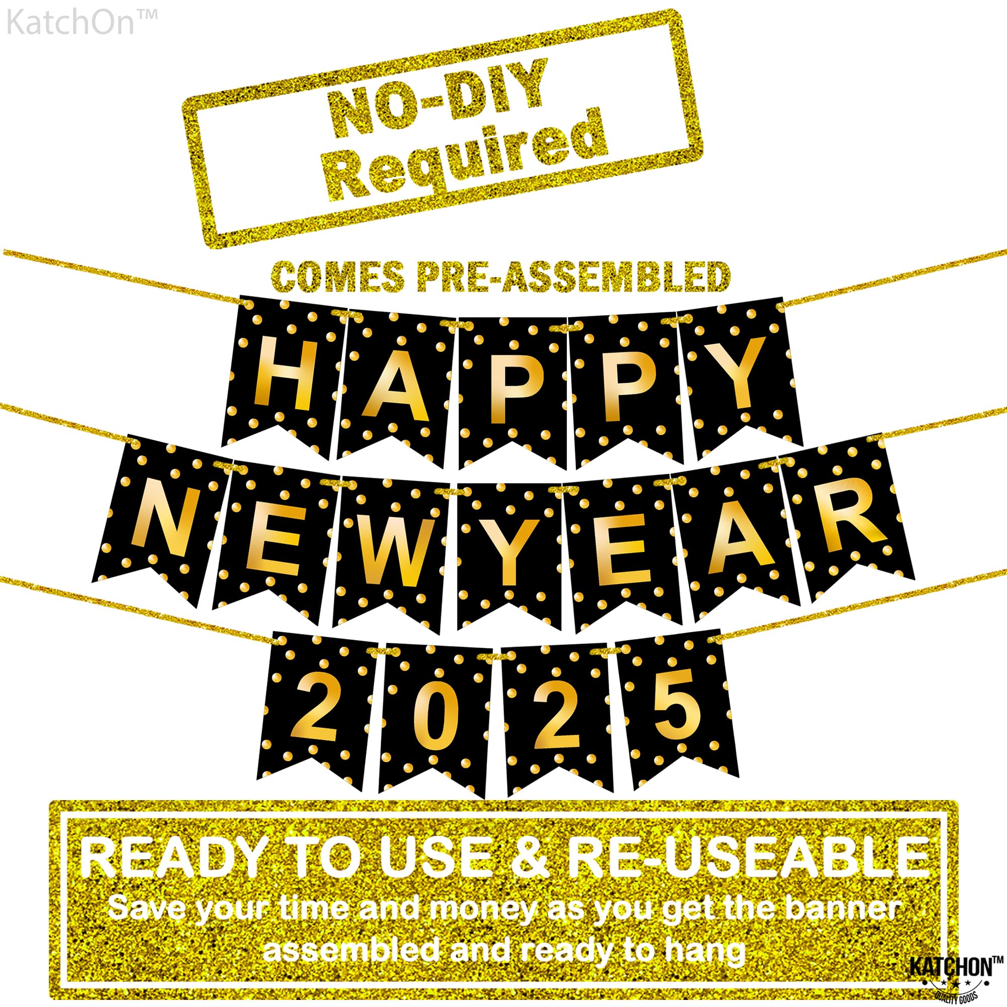 KatchOn, Happy New Year Banner 2025 - No DIY, 10 Feet | Happy New Year Sign for New Years Eve Party Supplies 2025 | New Years Eve Decorations | Happy New Year Decorations 2025 | NYE Decorations 2025