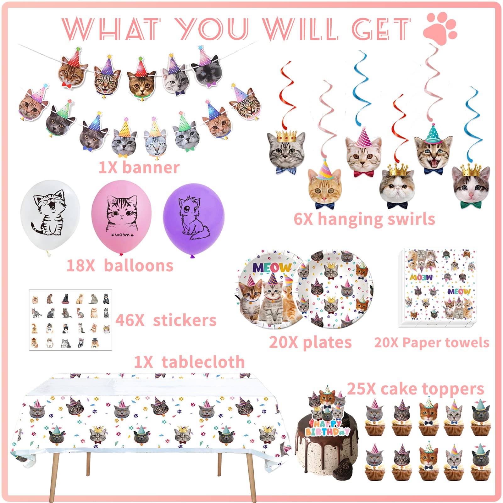 137PCS Cat Birthday Party Supplies Serves 20 Guests Kitten Birthday Party Decorations Plates Banner Napkins Balloons Tablecloth Cake Toppers for Cats Themed Birthday Parties Supplies