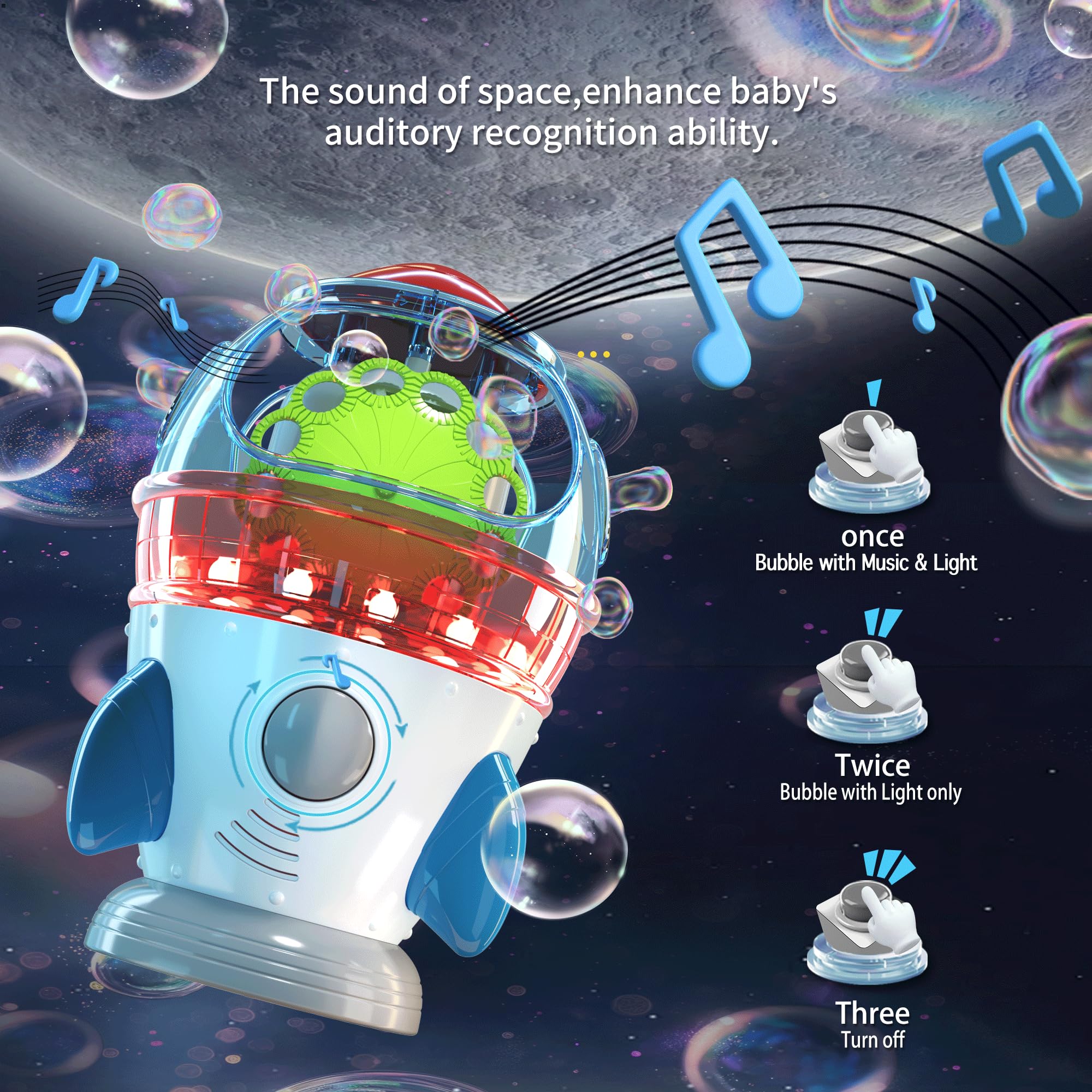 Bubble Machine, Automatic 360° Rotatable Rocket Bubble Blower Machine with 2 Fans Lights Music for Kids Toddlers 1-3 Bubble Maker Machine for Indoor Outdoor Wedding Party Birthday Gifts