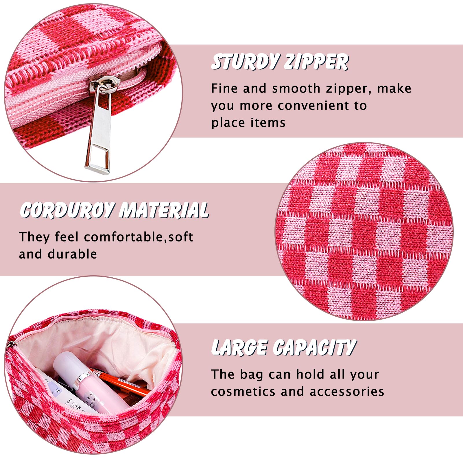 Checkered Makeup Bag for Women Large Capacity Hot Pink Travel Cosmetic Bag Makeup Pouch for Purse Zipper Toiletry Organizer Cute Y2K Aesthetic Trendy Adults Makeup Brushes Storage Bag