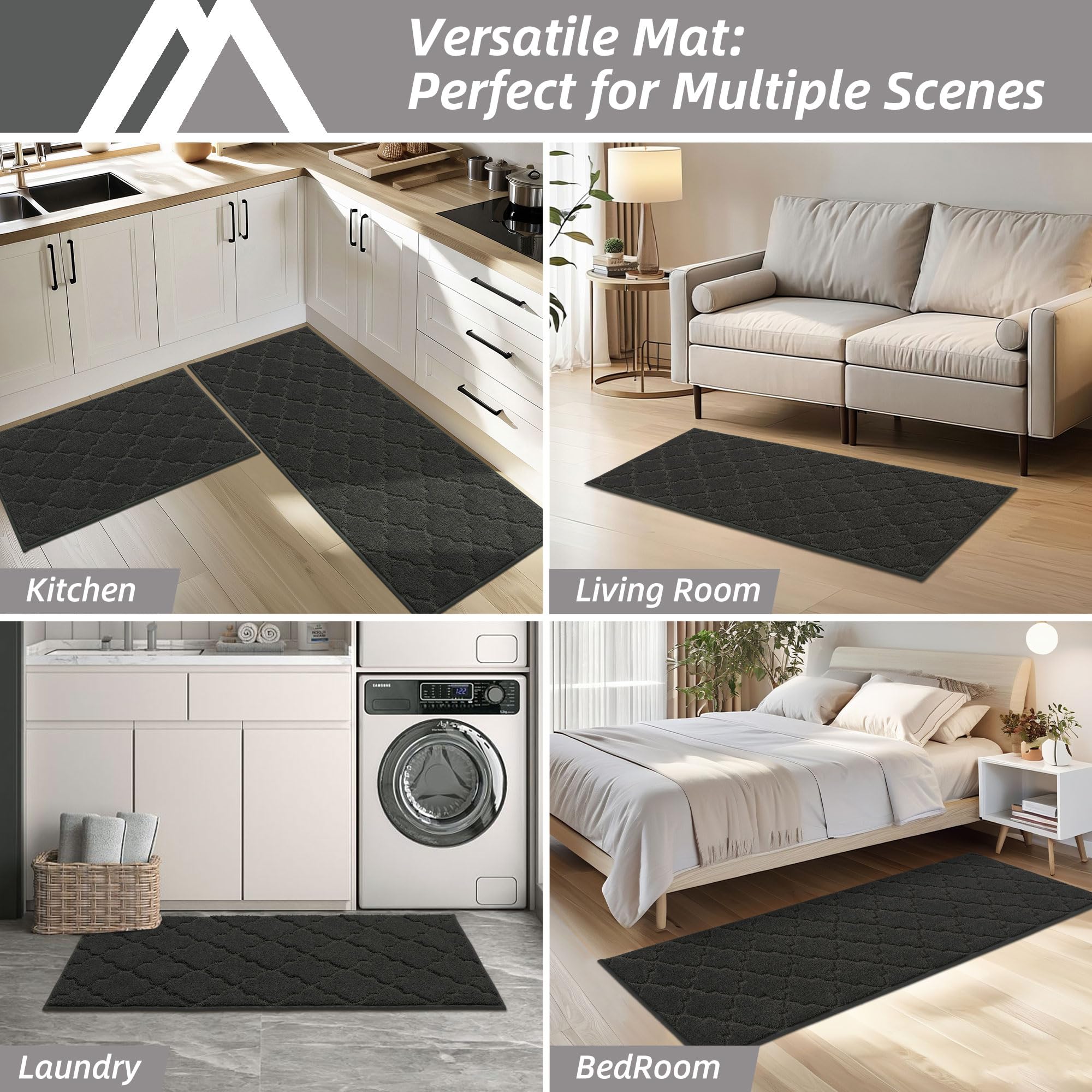 COSY HOMEER Soft Kitchen Rugs [2 PCS] for in Front of Sink Super Absorbent Kitchen Floor Mats and Mats 20x30 Inch/20X48 Non-Skid Kitchen Mat Standing Mat Washable,Polyester,Black