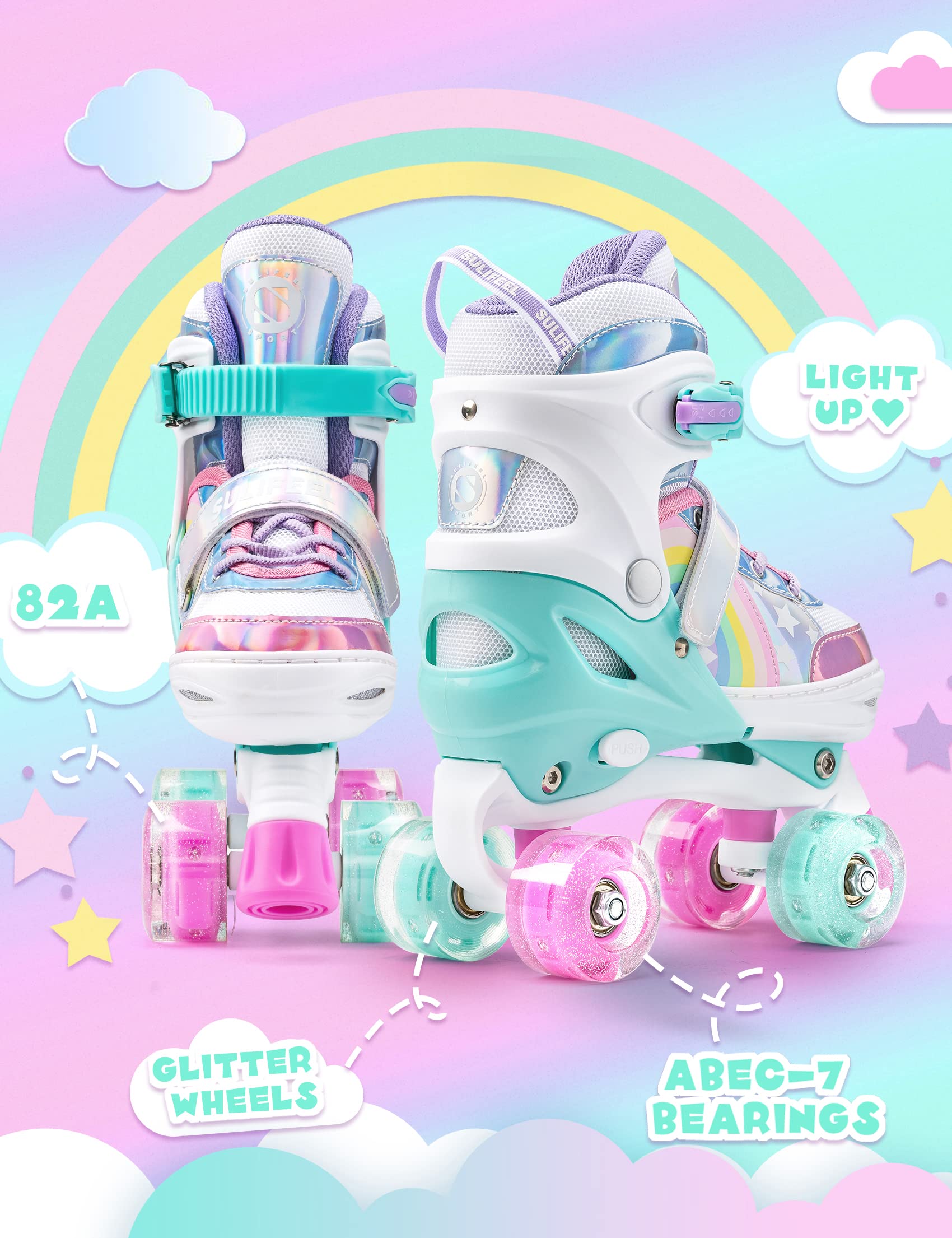 SULIFEEL Rainbow Unicorn 4 Size Adjustable Light up Roller Skates for Girls Boys for Kids Small