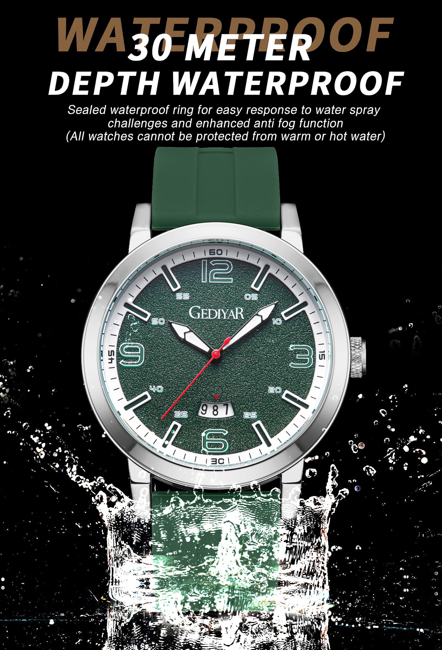 GEDIYAR New Men Sports Watch with Quartz Silicone Band Date Display Waterproof Analog Wrist Watches for Mens (G690 Green)