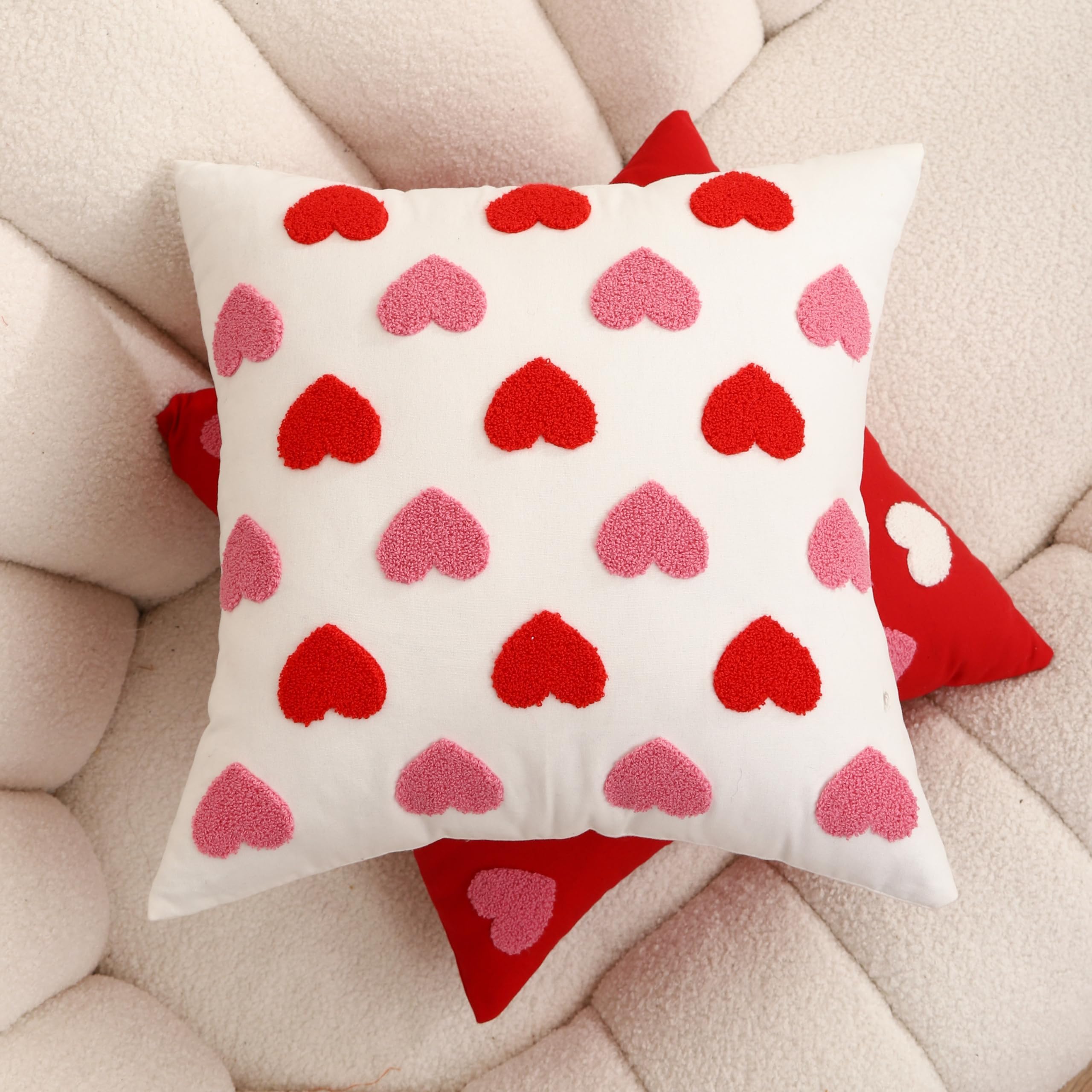 WOKANI Valentines Day Throw Pillow Covers 18x18 Set of 2 Heart Love Couples Decorations Embroidery Cushion Covers Home Decor for Couch Girlfriend Sofa Bedroom, White Red Pink