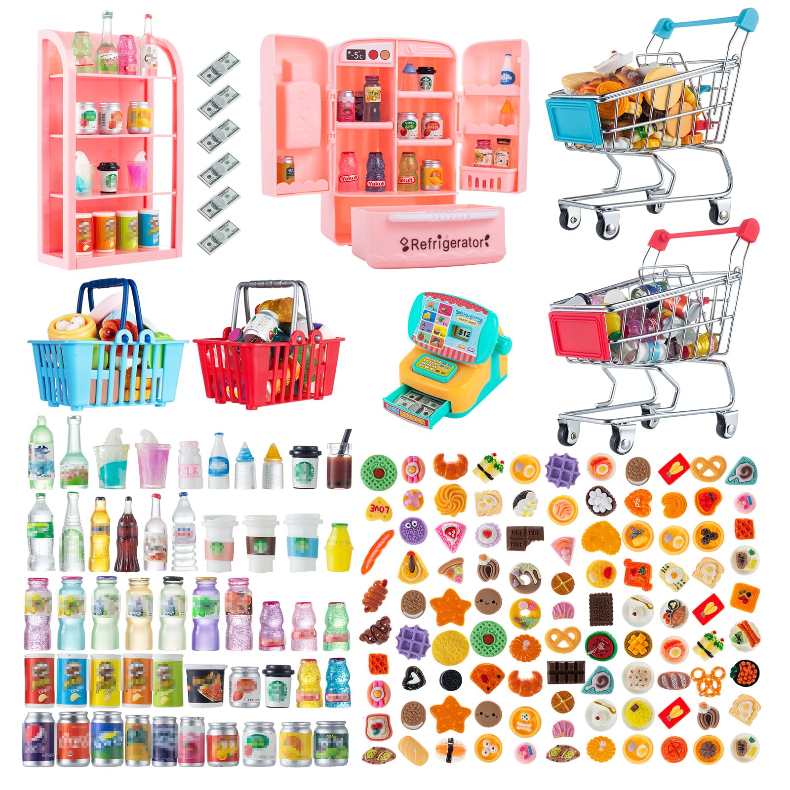 164Pcs Mini Shopping Cart Basket Miniature Food Drink Toy Supermarket Metal Handcart Trolley DollHouse Store Grocery Accessories Kitchen Play Game Party Model Shelves Cash Register Refrigerator Fridge