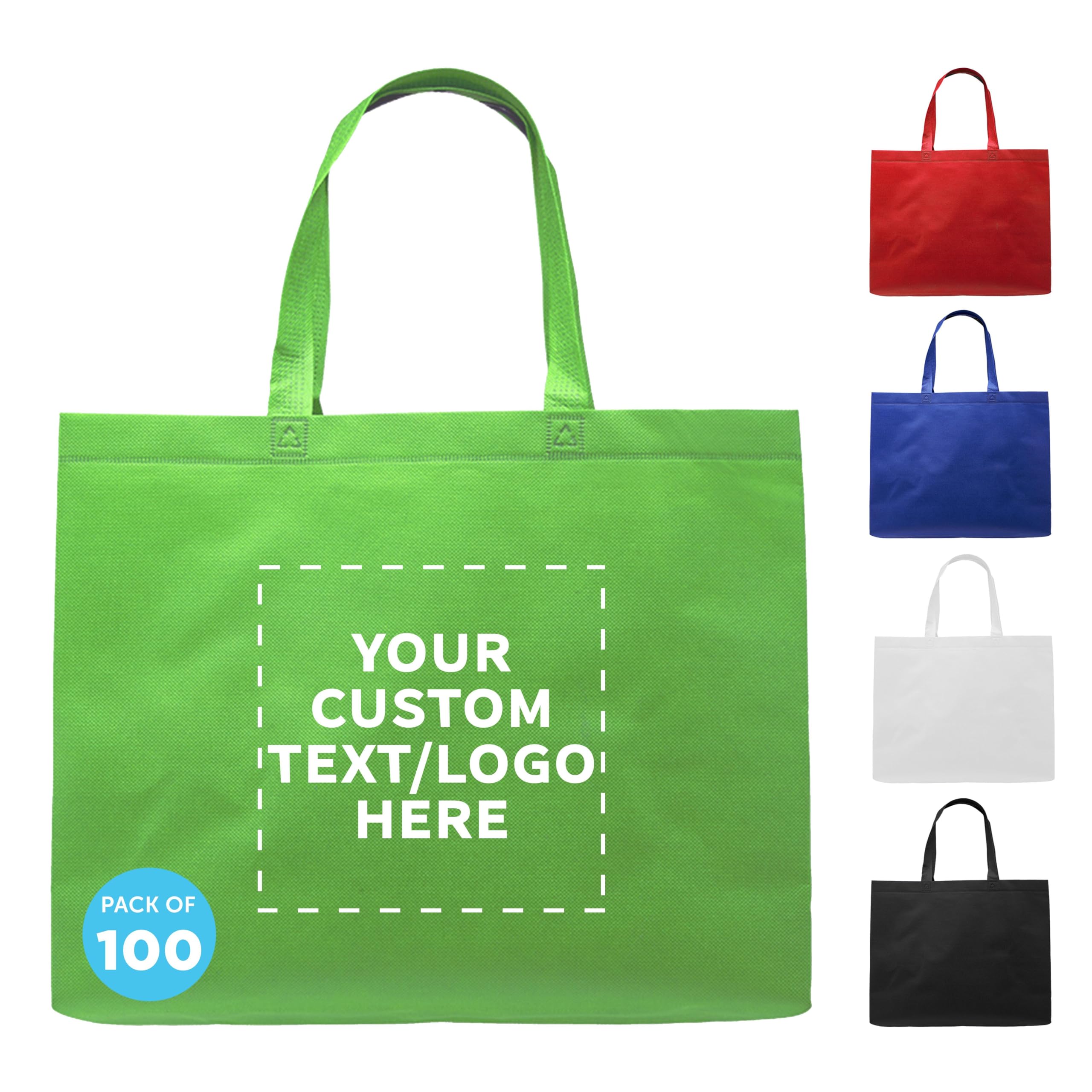 DISCOUNT PROMOS Custom Jumbo Sized Tote Bags Set of 100, Personalized Bulk Pack - Reusable Grocery Bags, Shopping Bags, Promotional Item Totes for Women - Lime Green