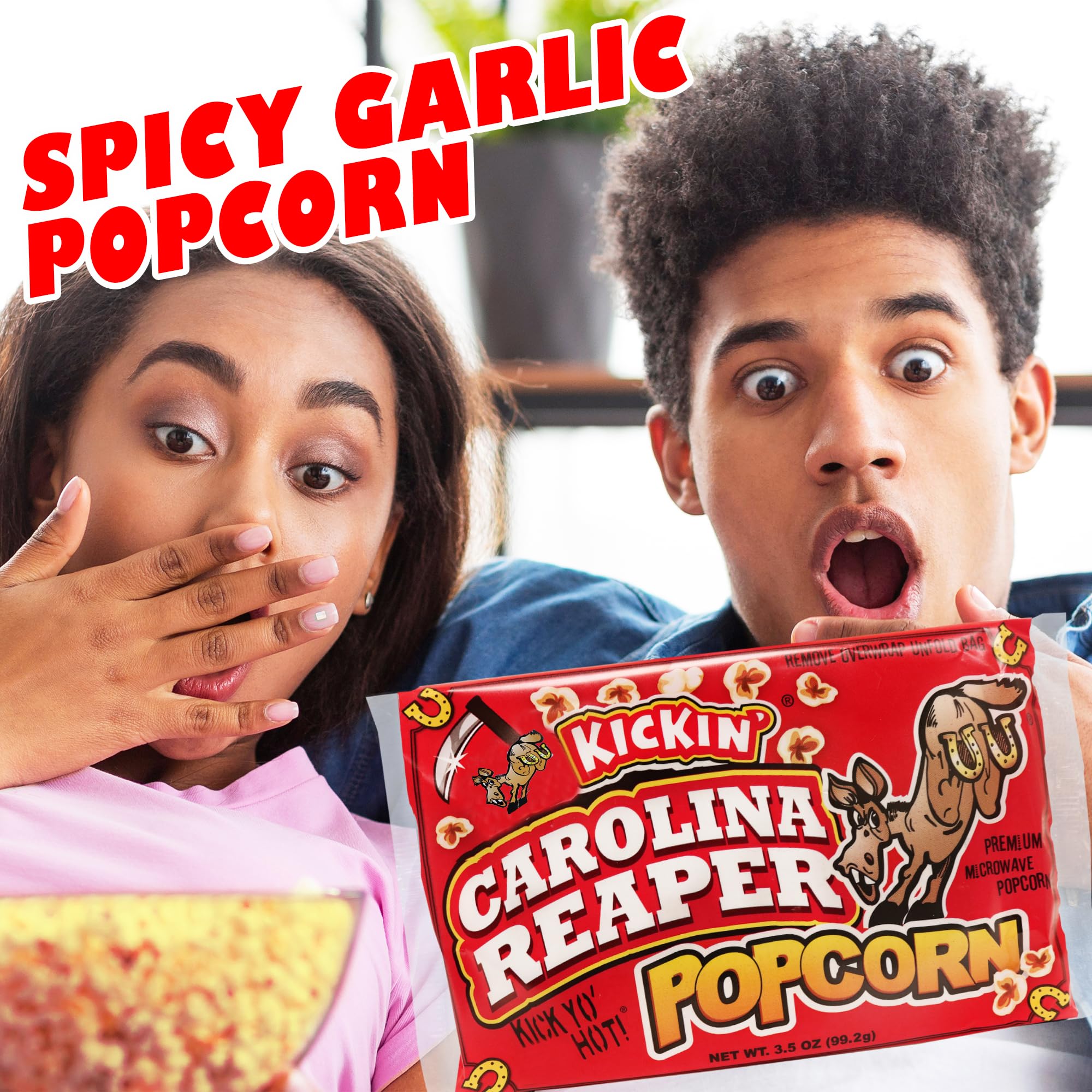 KICKIN’ Carolina Reaper Pepper Microwave Popcorn - Spicy Snacks - Pack of 3 - Ultimate Spicy Gourmet Gift Popcorn - Makes a Great Movie Theater Popcorn or Snack Food - Try if you dare!