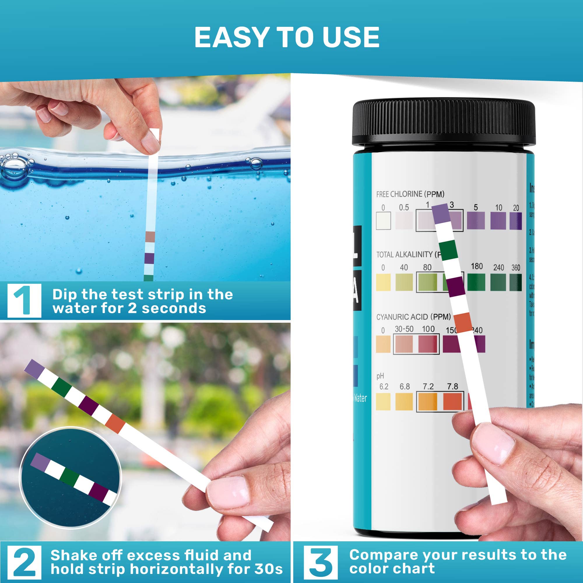 JNW Pool Test Strips, 4in1 Quick & Accurate 100 Pool and Spa Test Strips, Pool Water Test Kit - Free Chlorine, pH, Alkalinity, Cyanuric Acid Pool Water Tests, Spa and Hot Tub Test Strips with E-Book