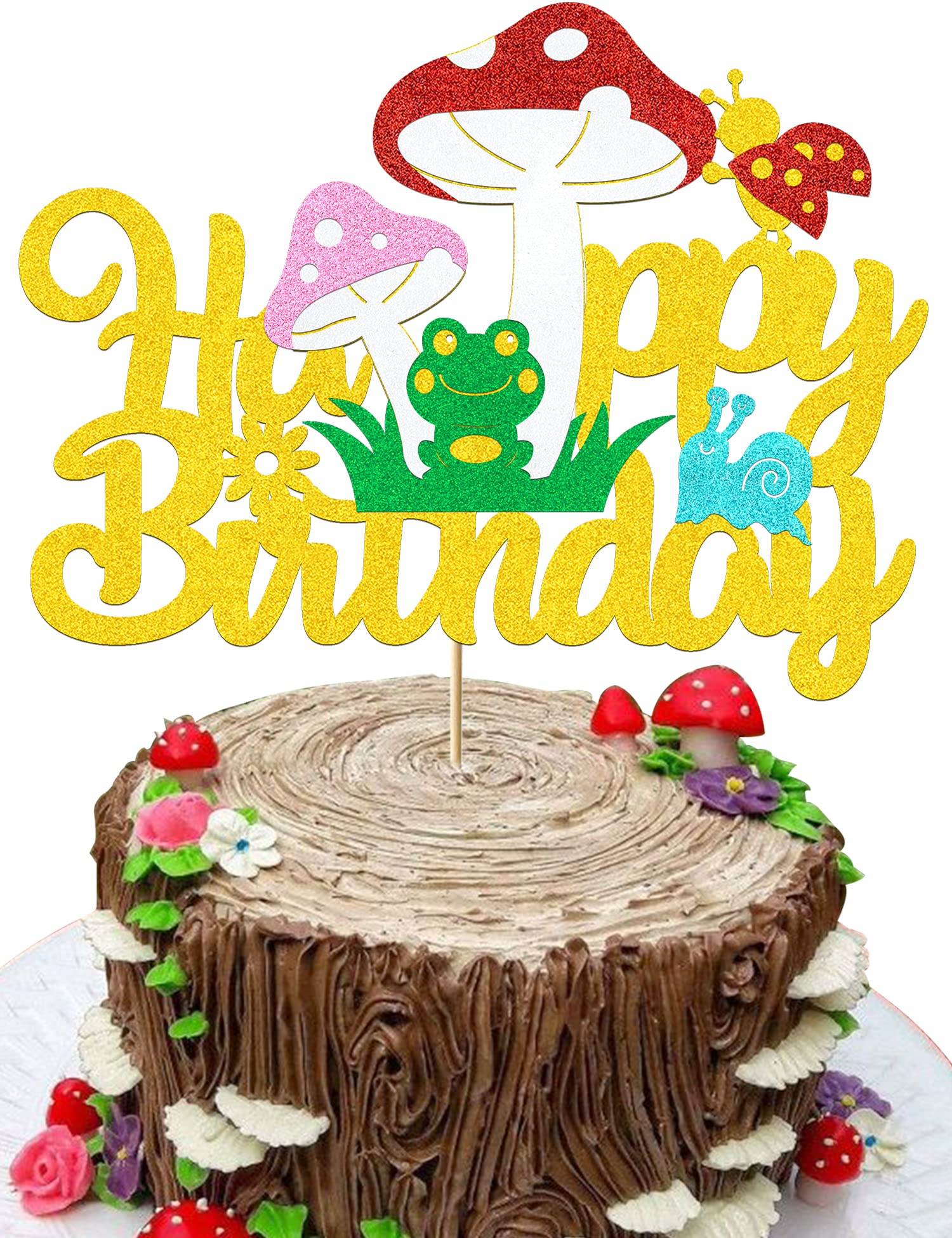 Mushroom Cake Topper Mushroom Birthday Cake Toppers Decorations for Girls Boys Glitter Gold Mushroom Ladybug Frog Happy Birthday Decorations Theme Party Supplies
