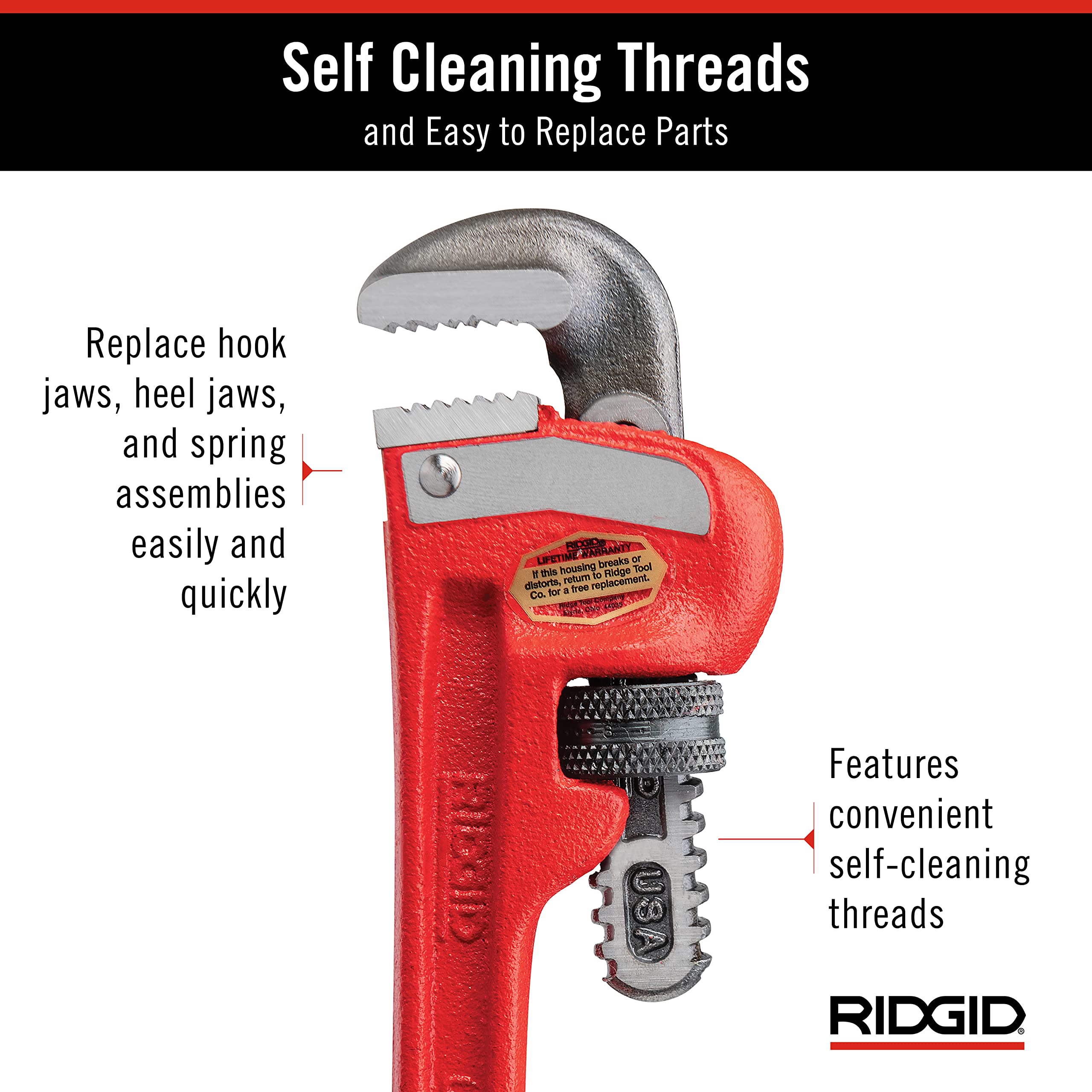 RIDGID 31000 Model 6 Heavy-Duty Plumbing Straight 6" Pipe Wrench, Red, Made in the USA