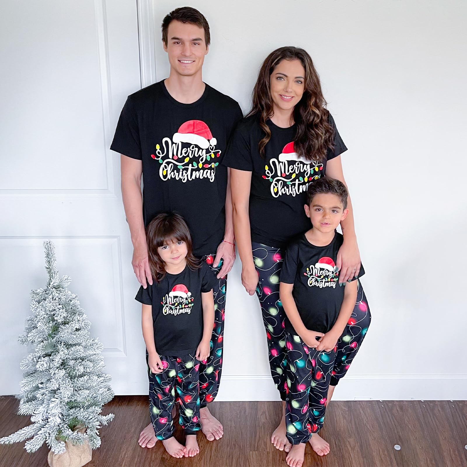 IFFEI Christmas Pajamas for Family Letter Print Matching Holiday PJ's Sets with Short Sleeve Tee and Pants Loungewear Women M Black