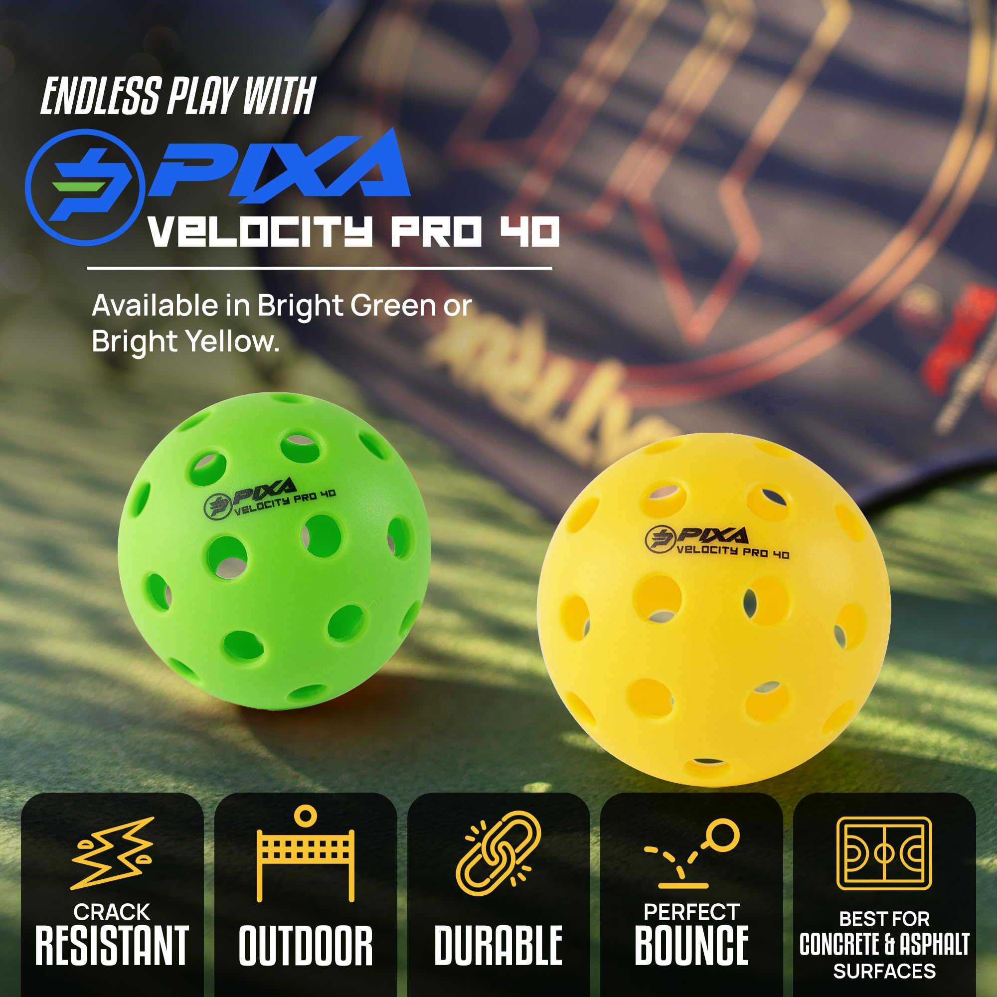 PIXA Velocity Pro 40 Injection Molded Outdoor Pickleball - USAPA Approved, Tournament Play, Durable Outdoor Pickleballs, Consistent Bounce, Smooth Flight, Competitive Play- Bright Yellow, Pack of 3