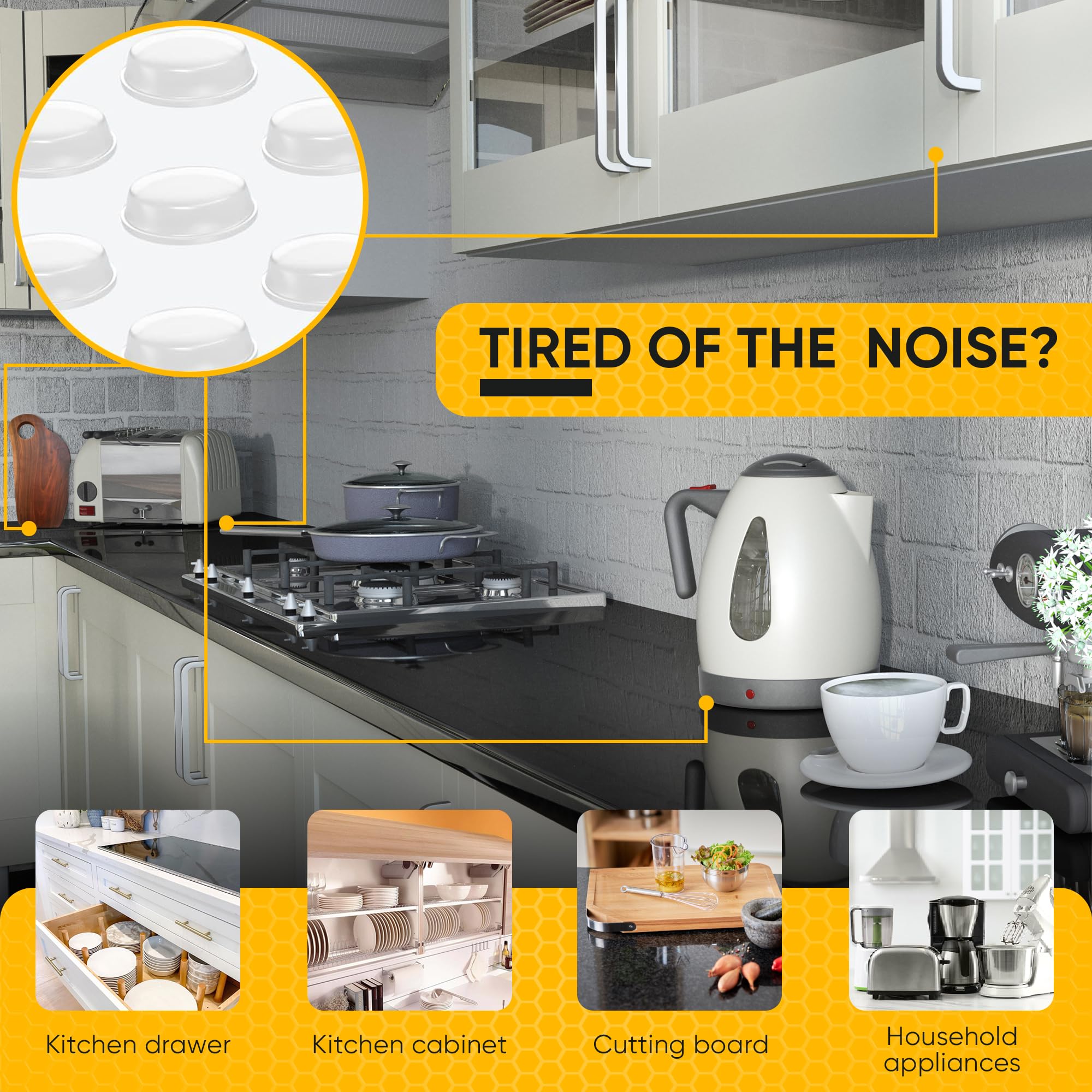 Vellax 128 & 64 Clear Cabinet Door Bumpers & 20 Clear Silicone Bumper Strips - 1/2 Inch Self Adhesive Rubber Stoppers for Drawers, Damp Pads Cupboards, Cutting Boards, Glass Tops, Picture Frames