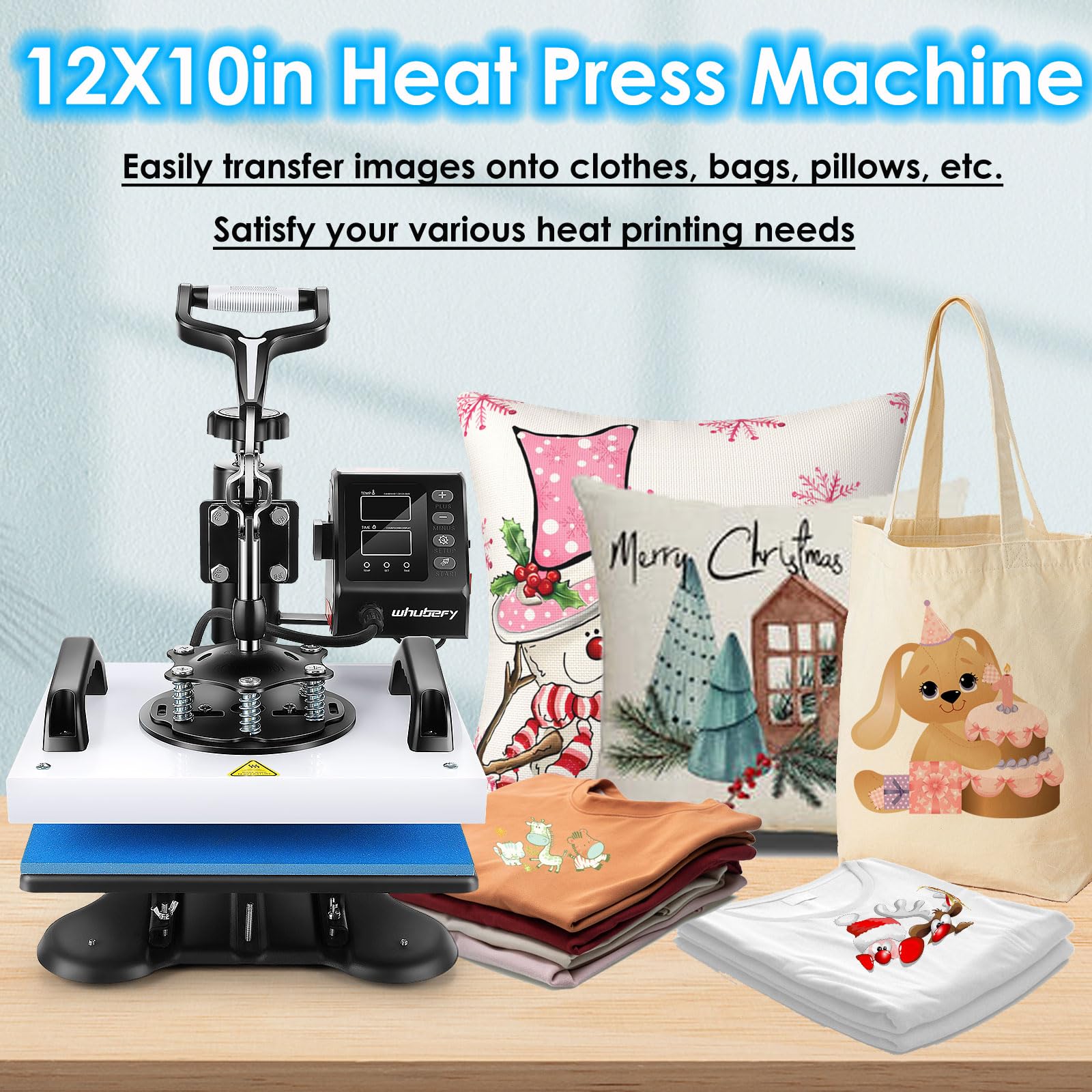 Whubefy Heat Press Machine for T Shirts 12x10", 650W Sublimation Shirt Press Machine, 360° Swing Away Printing Machine with Digital Temp Control, Vinyl Heat Press for Pillow Bag Puzzle Ceramic Frame