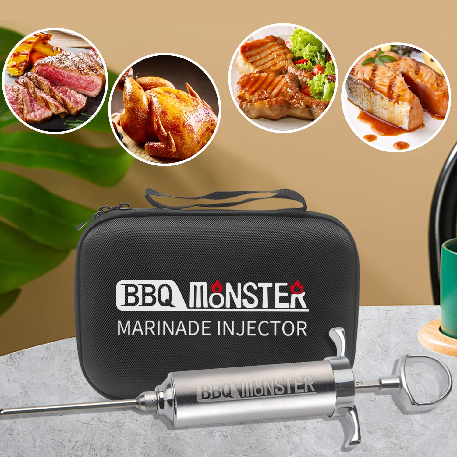 BBQ Monster Meat Injector Syringe Kit with 4 Professional Marinade Injector Needles and Travel Case for BBQ Grill Smoker, Turkey, Brisket; 2-oz Capacity; Paper User Manual and E-Book (PDF)