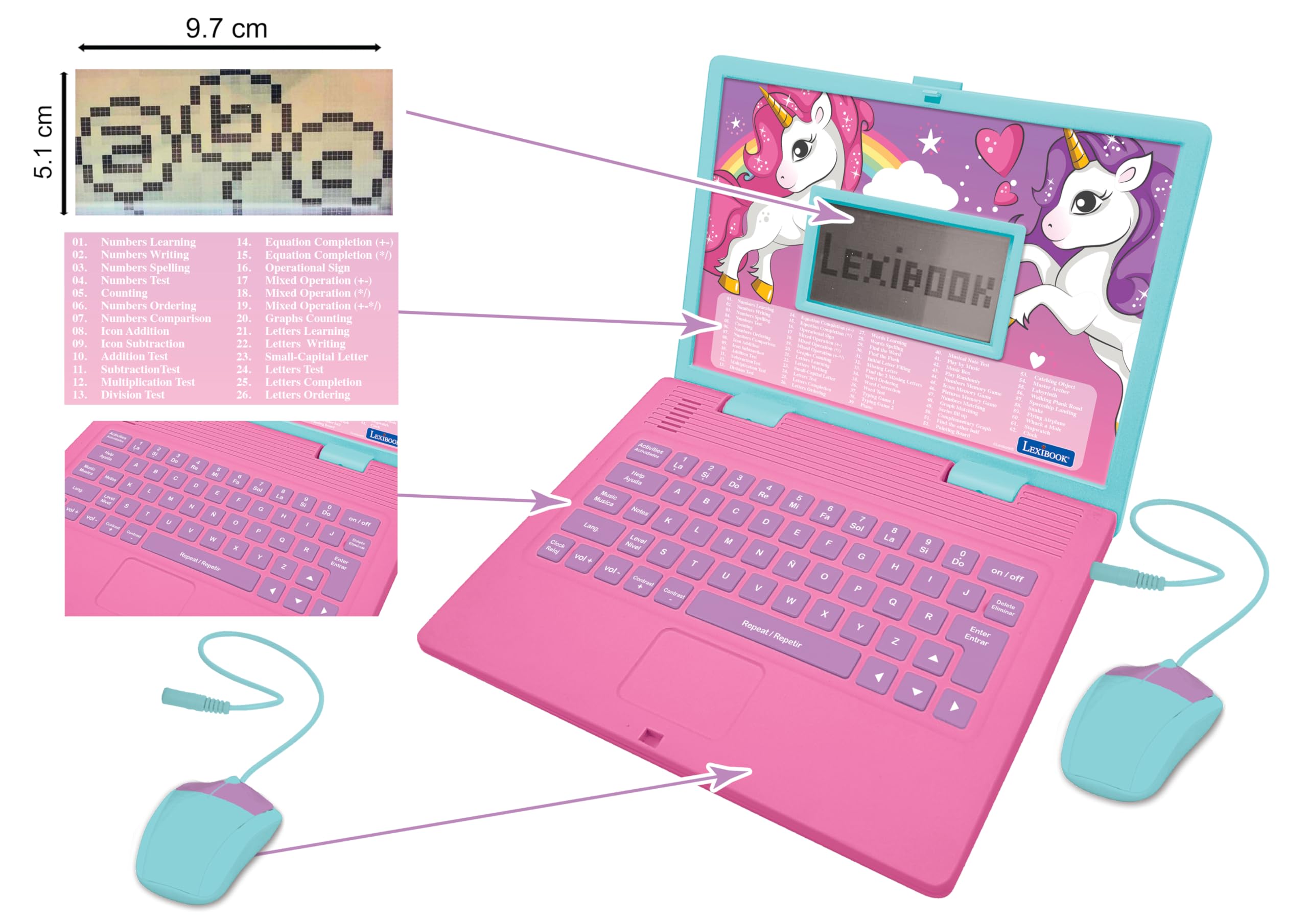 LEXiBOOK - Unicorn Educational and Bilingual Laptop Spanish/English - Toy for Children with 124 Activities to Learn Mathematics, Dactylography, Logic, Clock Reading, Play Games and Music - JC598UNIi2