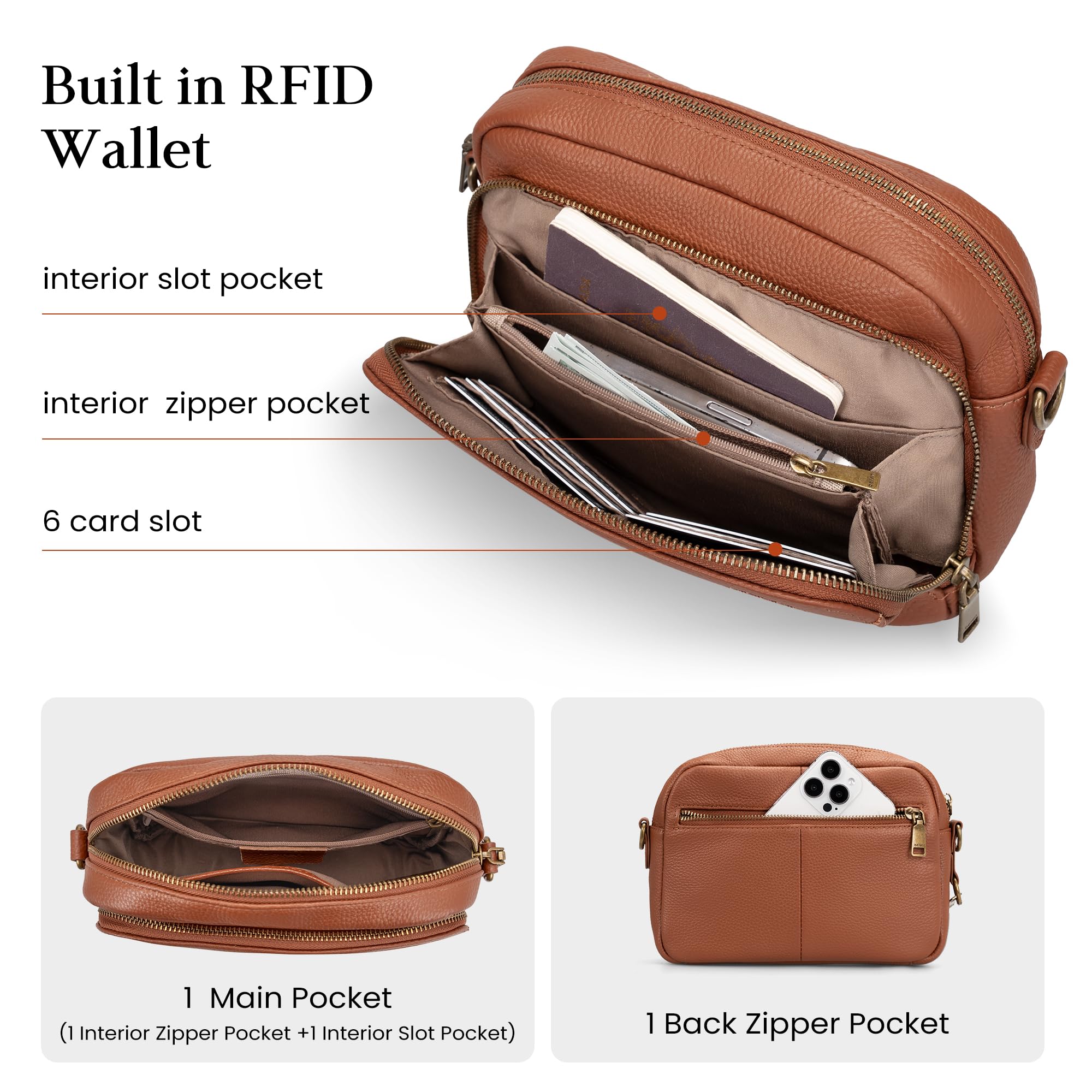 befen Rfid Crossbody Bags for Women Geniune Leather, Women's Small Anti Theft Cross Body Purse Lightweight Multi Pockets Purses Handbag - Brown