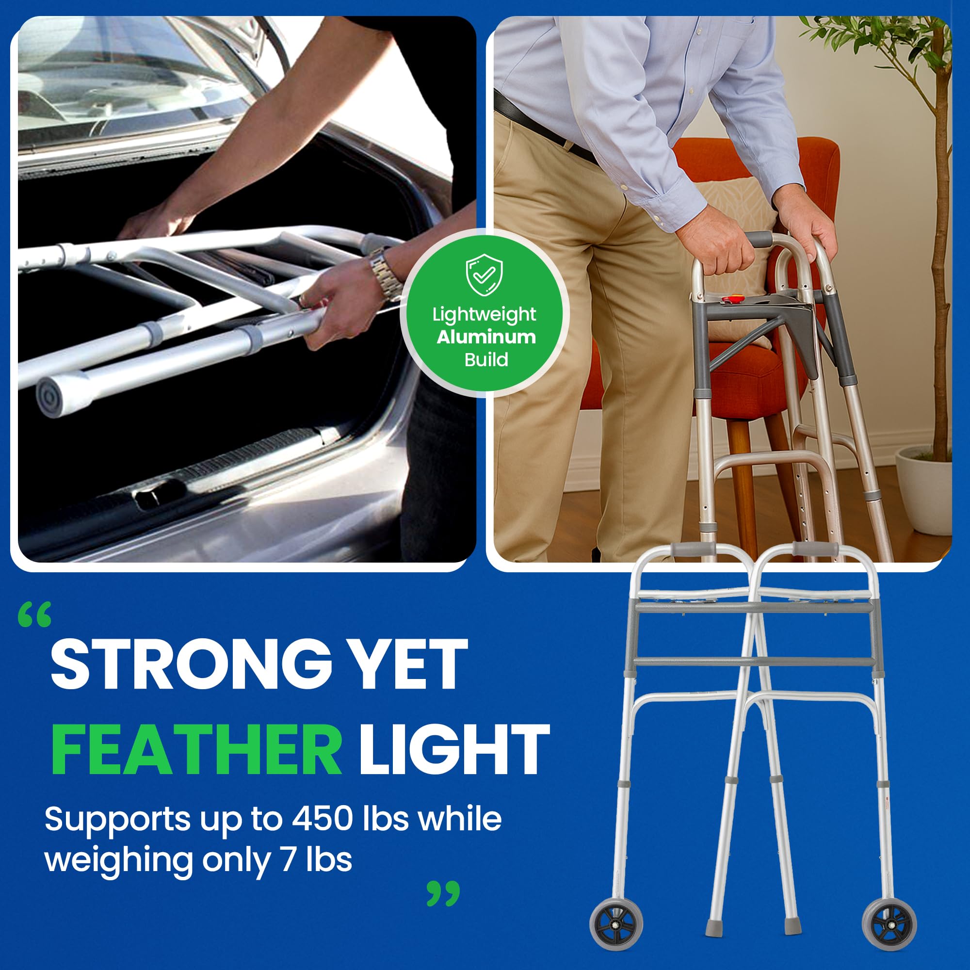 Bariatric Heavy-Duty Folding Walker with Wheels for Seniors, Adults, Extra Wide Front Wheel Walker (2 5-Inch Wheels), and Free 2 Pairs of Rear Glides Heavy Duty Sizes. Sized for Adults up to 450 lbs