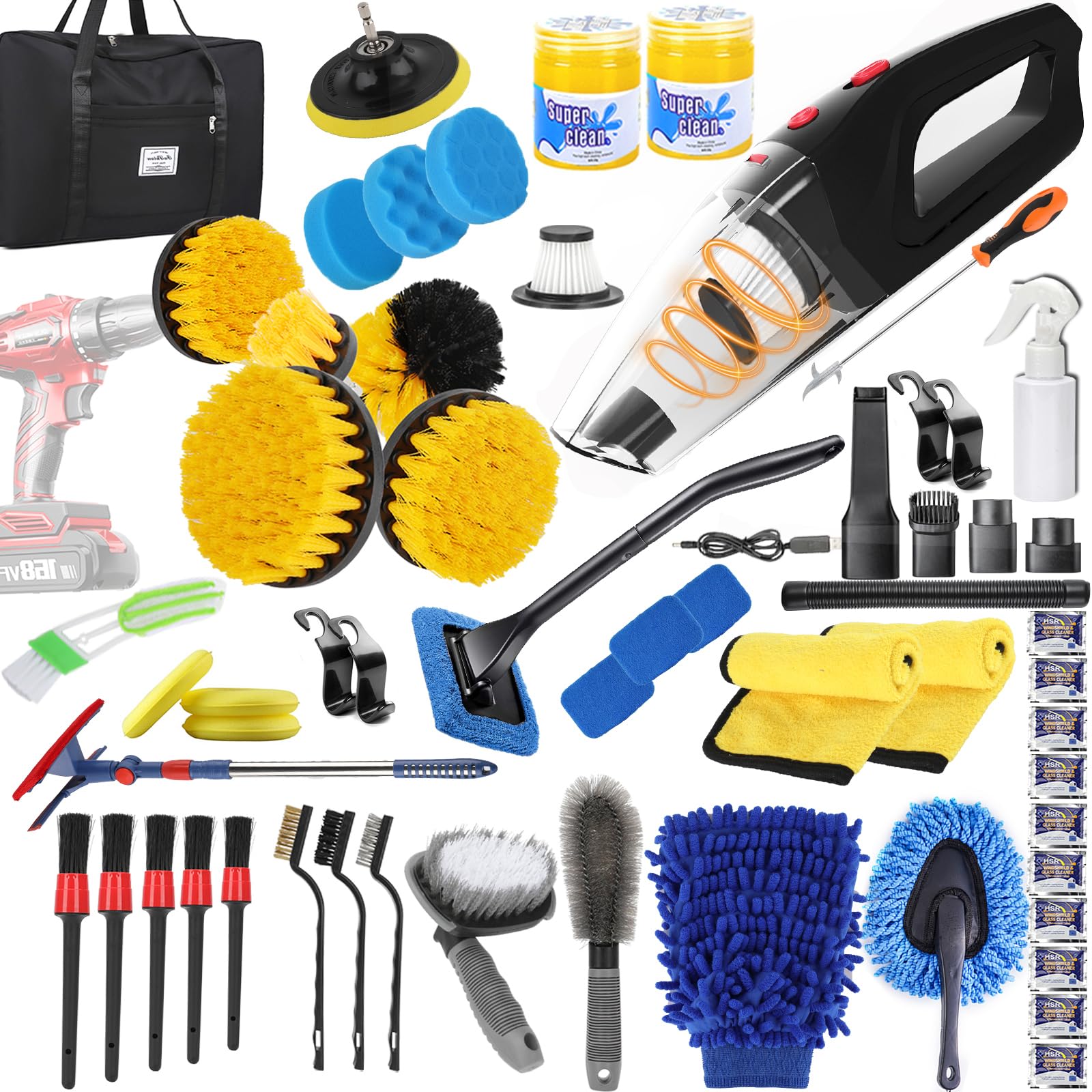 60PCS Car Wash Cleaning Kit,Cordless Car Vacuum Car Detailing Kit, Easy to Use Interior Car Cleaning Kit with Car Cleaning Gel,Detailing Brush Set,Windshield Cleaner, Car Accessories for Women/Men