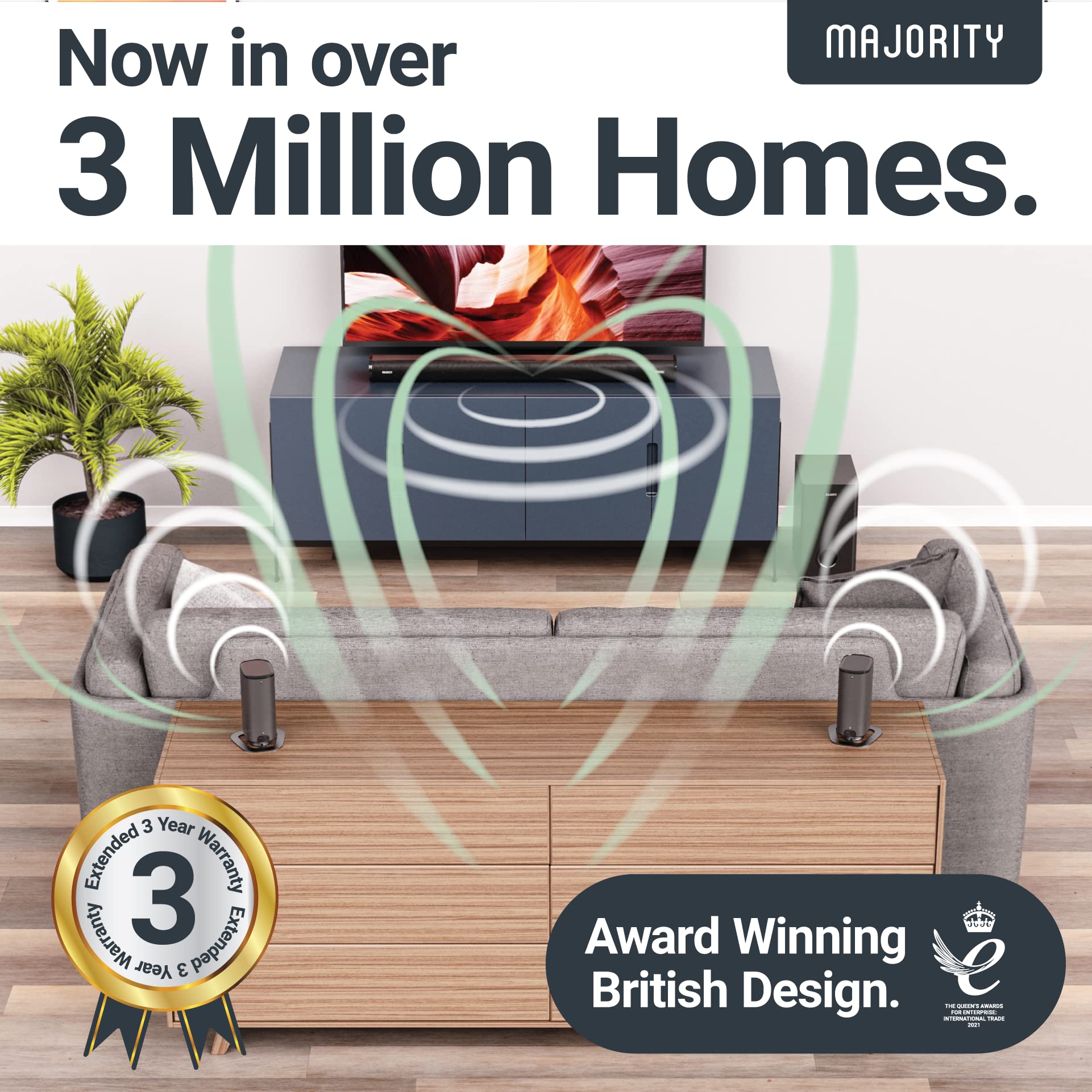 Majority Everest 5.1 Dolby Audio Surround Sound System with Sound Bar | Wireless Subwoofer I 300W, Home Theatre 3D Audio with Detachable Speakers | HDMI ARC, HDMI, Bluetooth