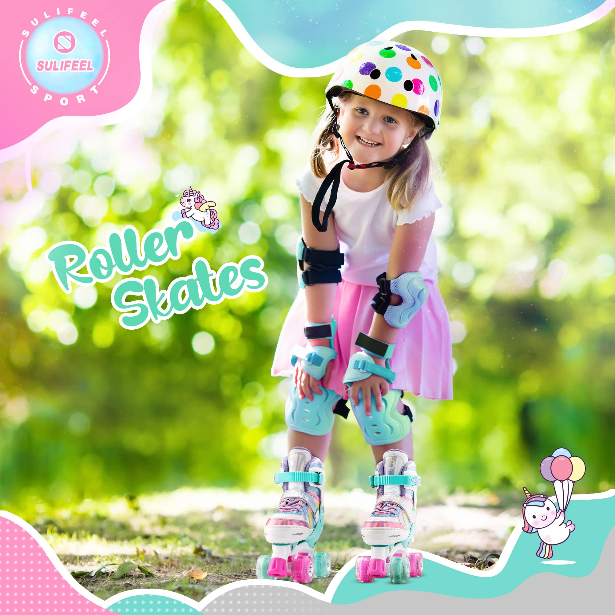 SULIFEEL Rainbow Unicorn 4 Size Adjustable Light up Roller Skates for Girls Boys for Kids Small