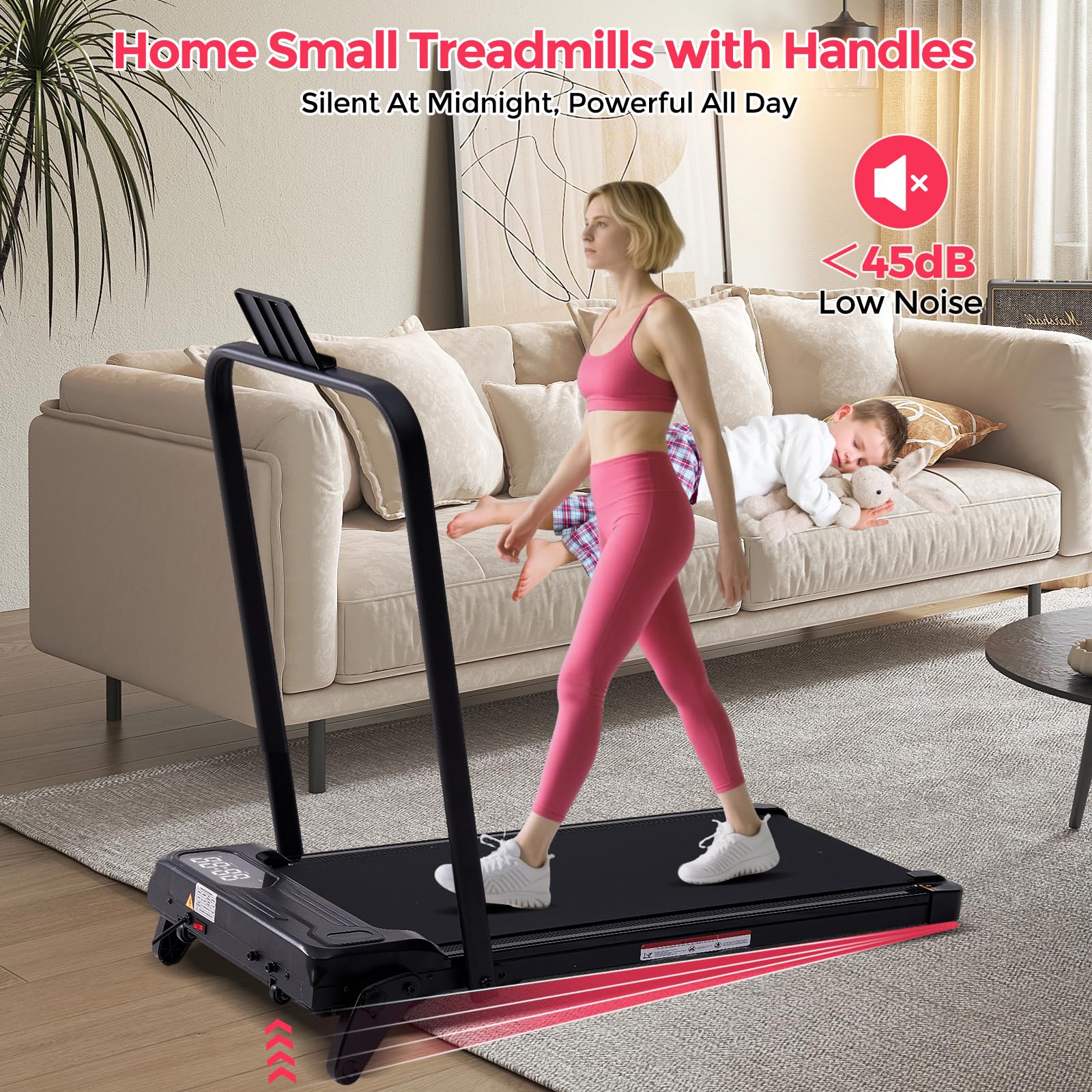 Walking Pad with Handle Bar & Adjustable Incline, 350LBS Compact Under The Desk Treadmill, 4-in-1 Portable Small Treadmills with Handles for Home Small Spaces, 3.5HP Electric Walking Pads, 0.6-7.6MPH