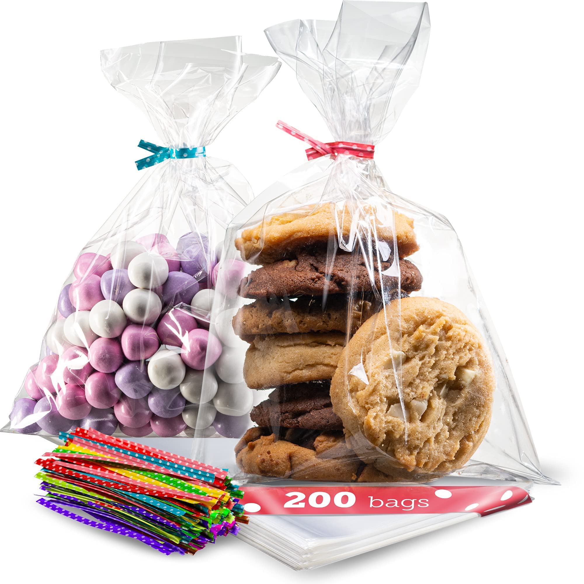 Prestee 200 Pack Clear Cellophane Bags for Favors - Transparent Goodie Bags for Birthday Party, 6x10 Inch Clear Bags with 4-Inch Twist Ties - Candy, Treat, Cookie Bags for Gift Giving