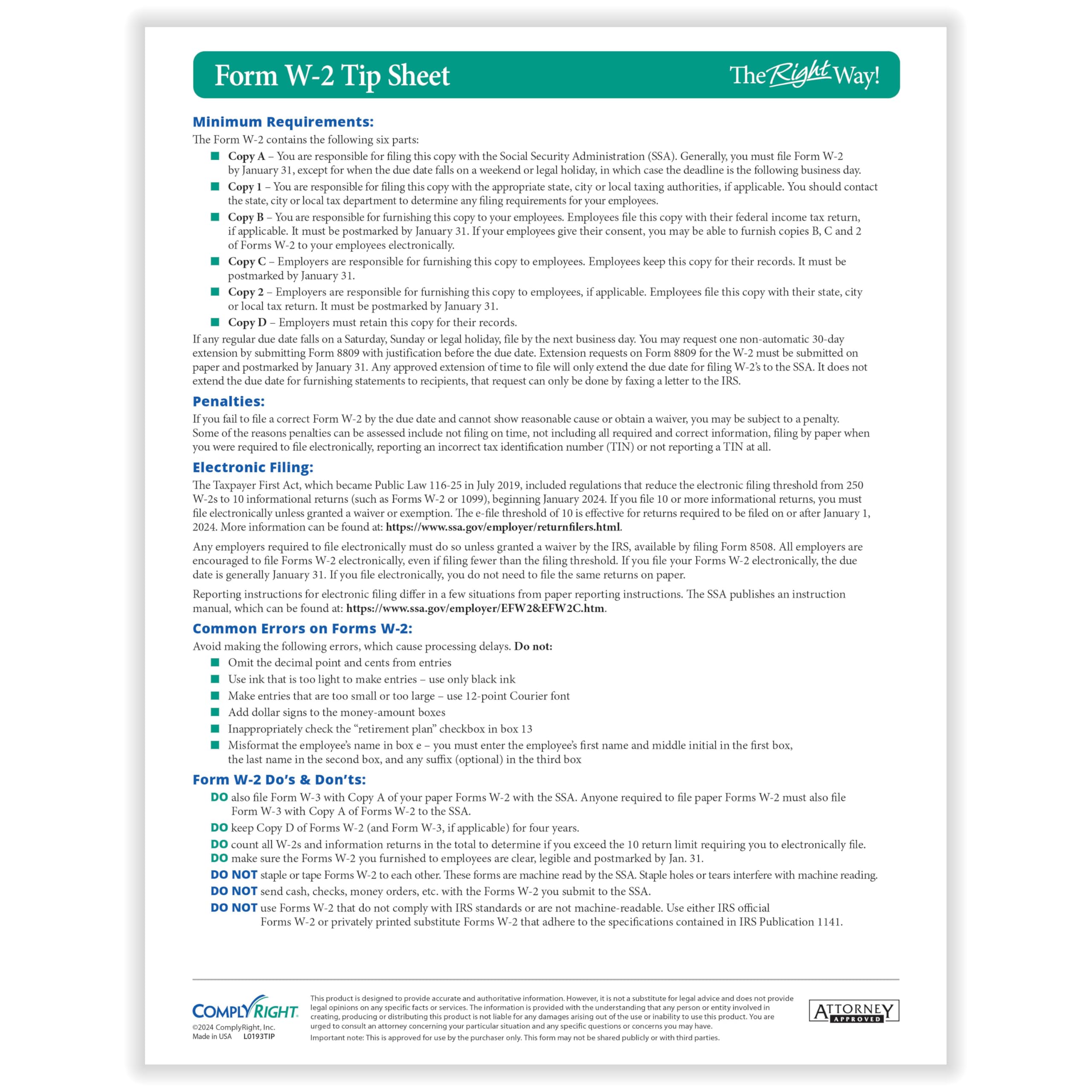 ComplyRight 2024 TaxRight W-2 Tax Kit (6-Part) | 10 Employees |Self-Seal Envelopes | Software