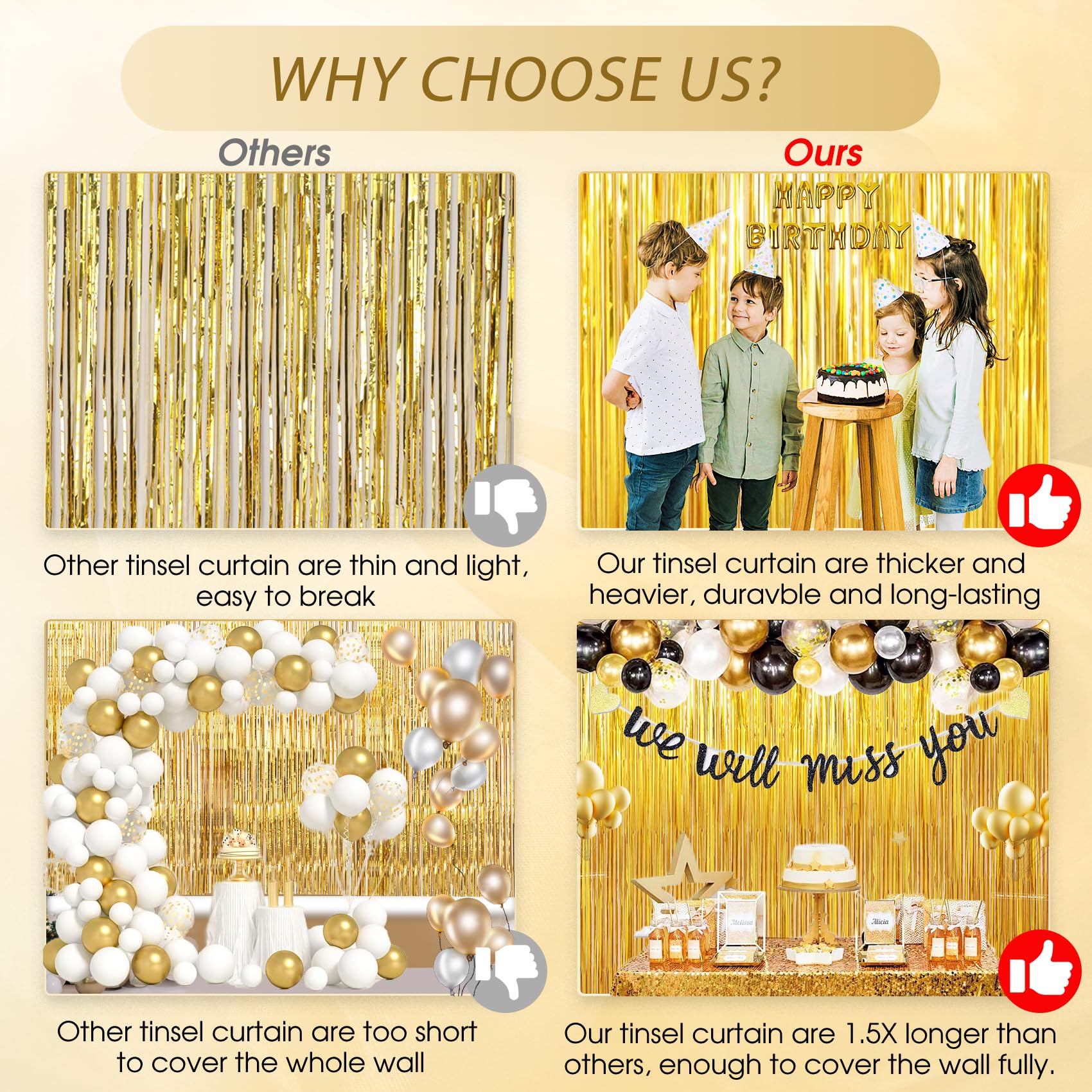 Birthday Party Decorations: 3 Pack 3.3 x 9.9 ft Gold Foil Fringe Curtains Party Supplies, Tinsel Curtain Backdrop for Parties/Birthday/Photo Booth