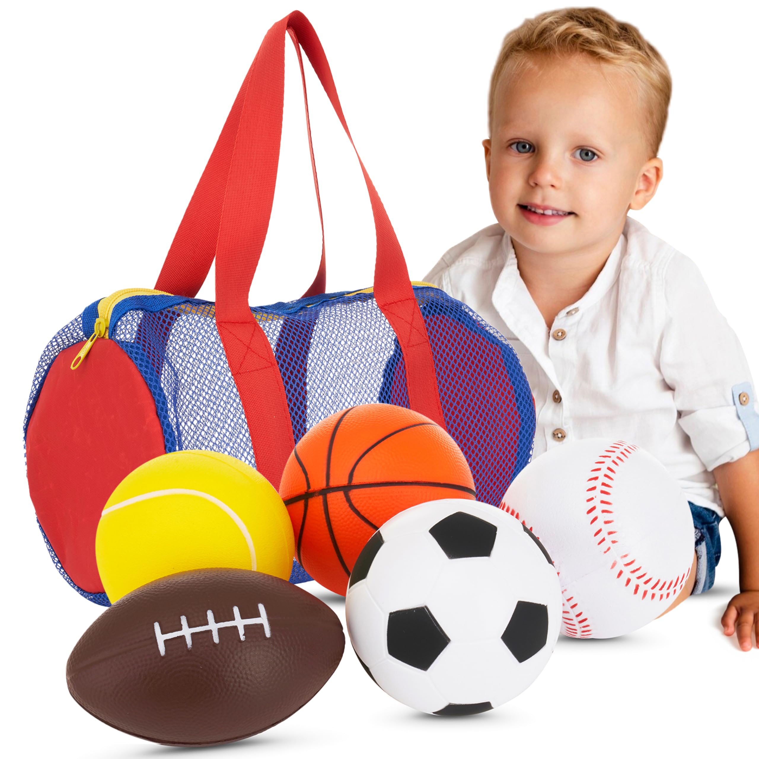 Neliblu Foam Sports Toys with Bag, Set of 5 – Includes Soccer Ball, Basketball, Football, Baseball and Tennis Ball - Suitable for Baby's Small Hands to Grab - Balls for Kids and Toddlers Ages 1-3