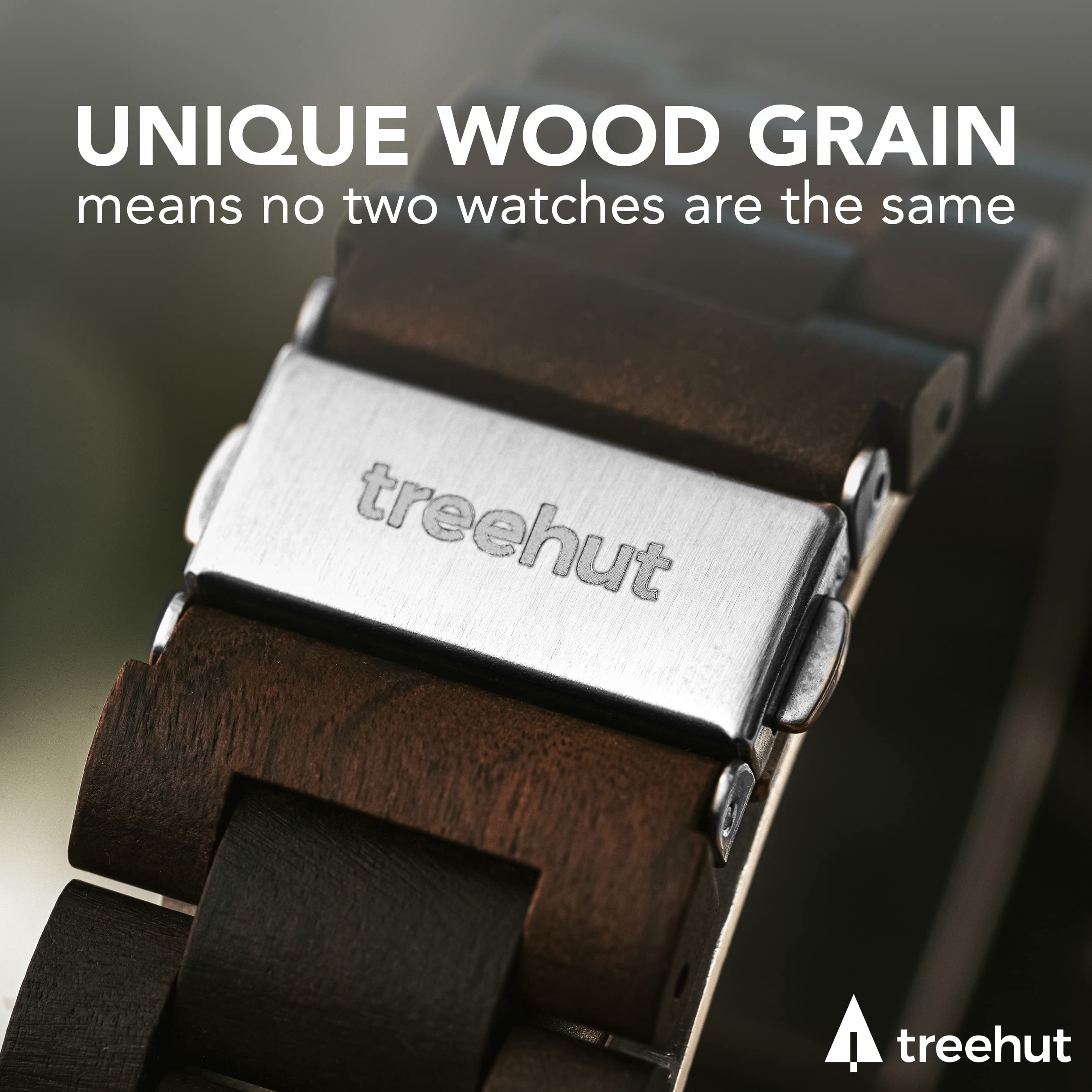 treehut Wooden Watches for Men, Japanese Quartz Movement, Stylish Exotic Wrist Watch with Stainless Steel Buckle, Adjustable Straps, Watch Made from Ebony Wood, Relojes para Hombre