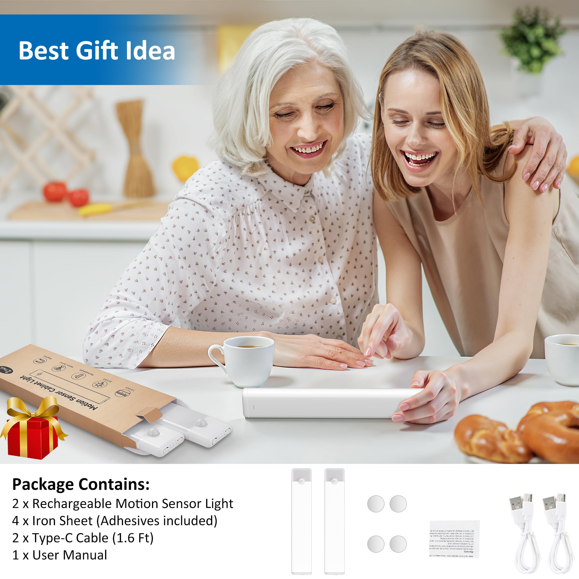 YLXS Motion Sensor Under Cabinet Lights, Magnetic Rechargeable Under Counter Closet Light, Wireless Night Light Bar Stick-On, 2-Pack, Cool White