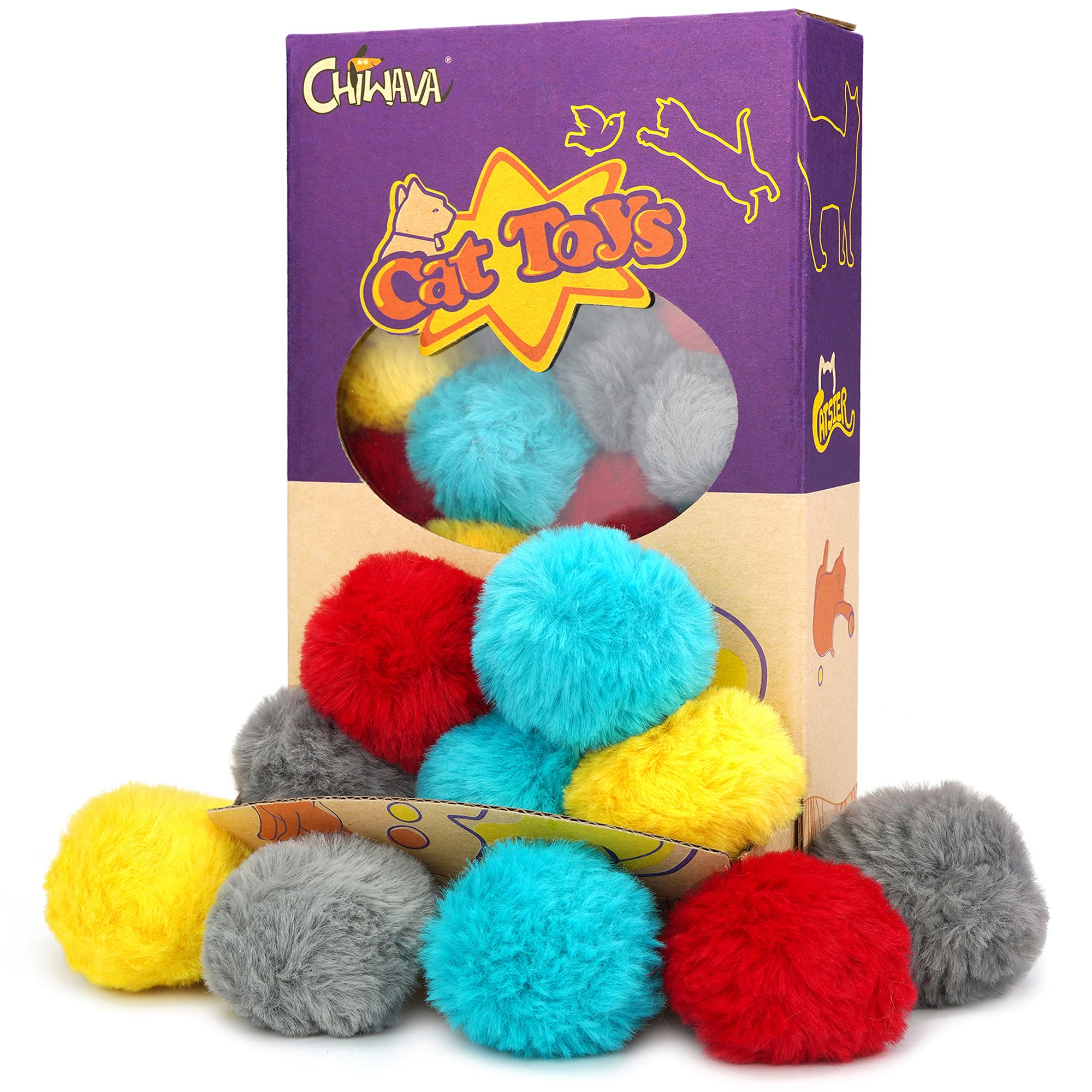 CHIWAVA 24PCS 1.8" Catnip Furry Cat Toys Ball Soft Pom Pom Balls Kitten Chasing Quiet Play Assorted Color