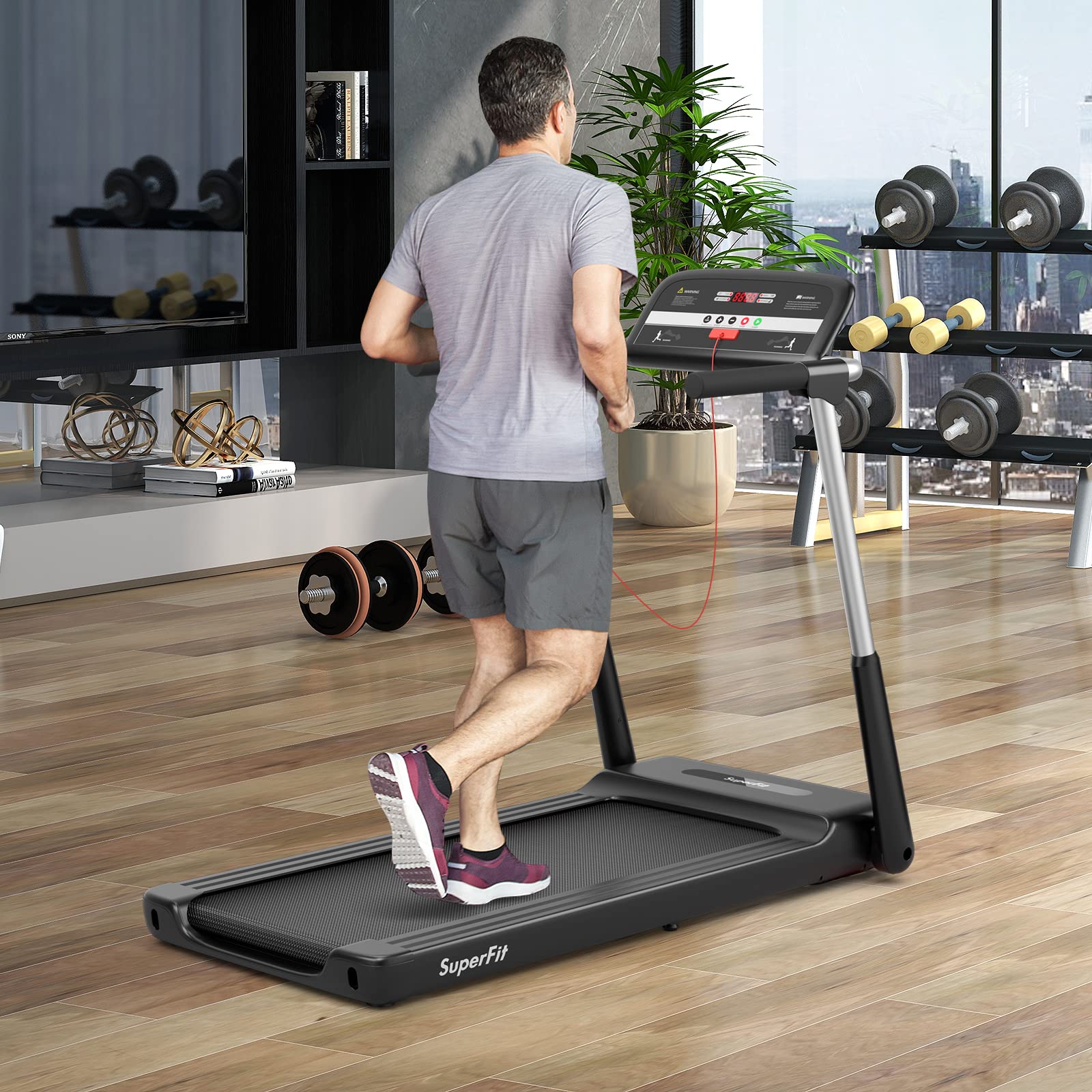 GYMAX Foldable Treadmill, 2.25HP Portable Treadmill with App Control & LED Monitor, Compact Running Walking Jogging Machine for Small Space, Home Gym Workout Fitness Folding Treadmill