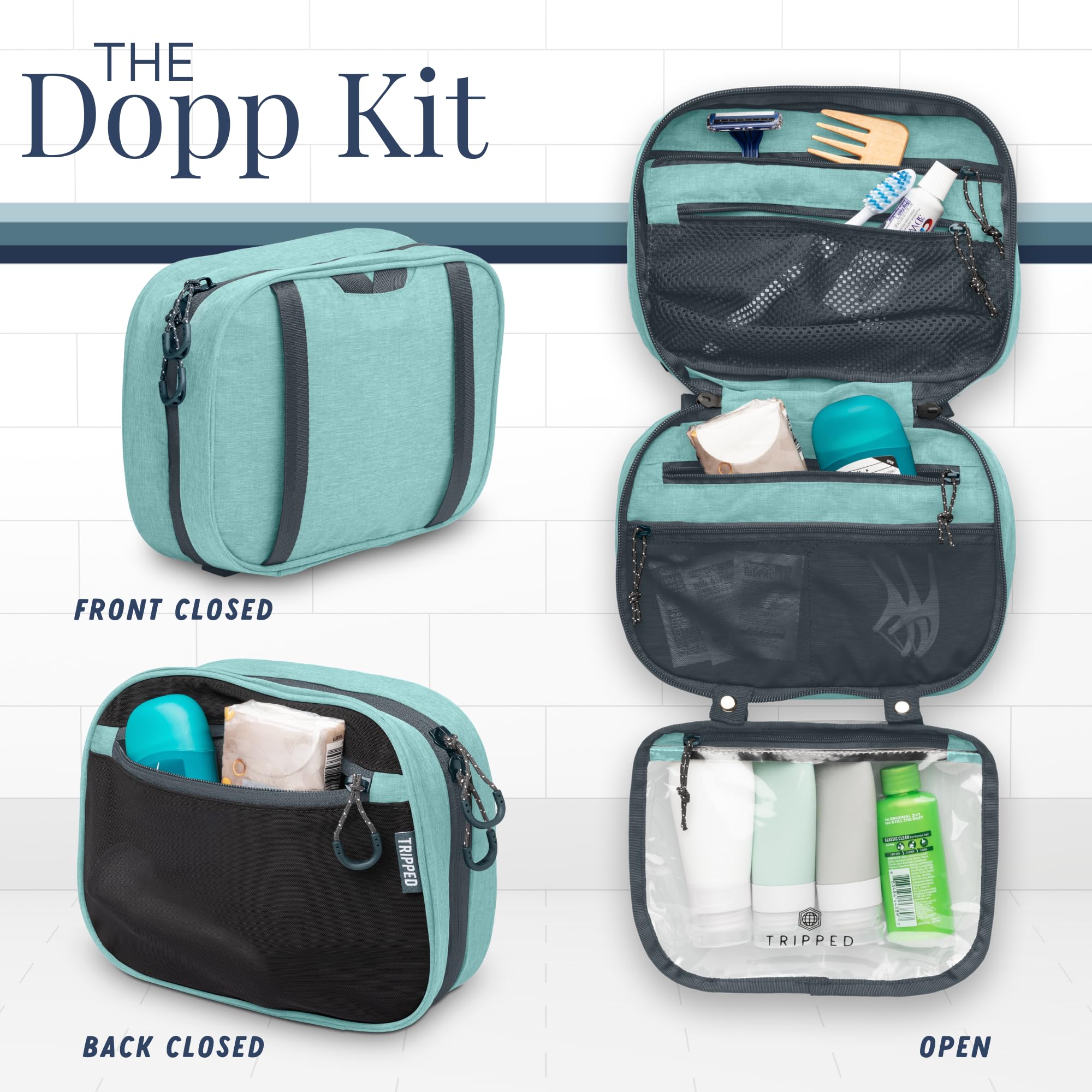 Toiletry Bag Kit Set: Hanging Travel Toiletry Bag + 311 TSA Cosmetic Liquid Bag + Ultralight Accessory Organizer Pouch (Dusty Teal)