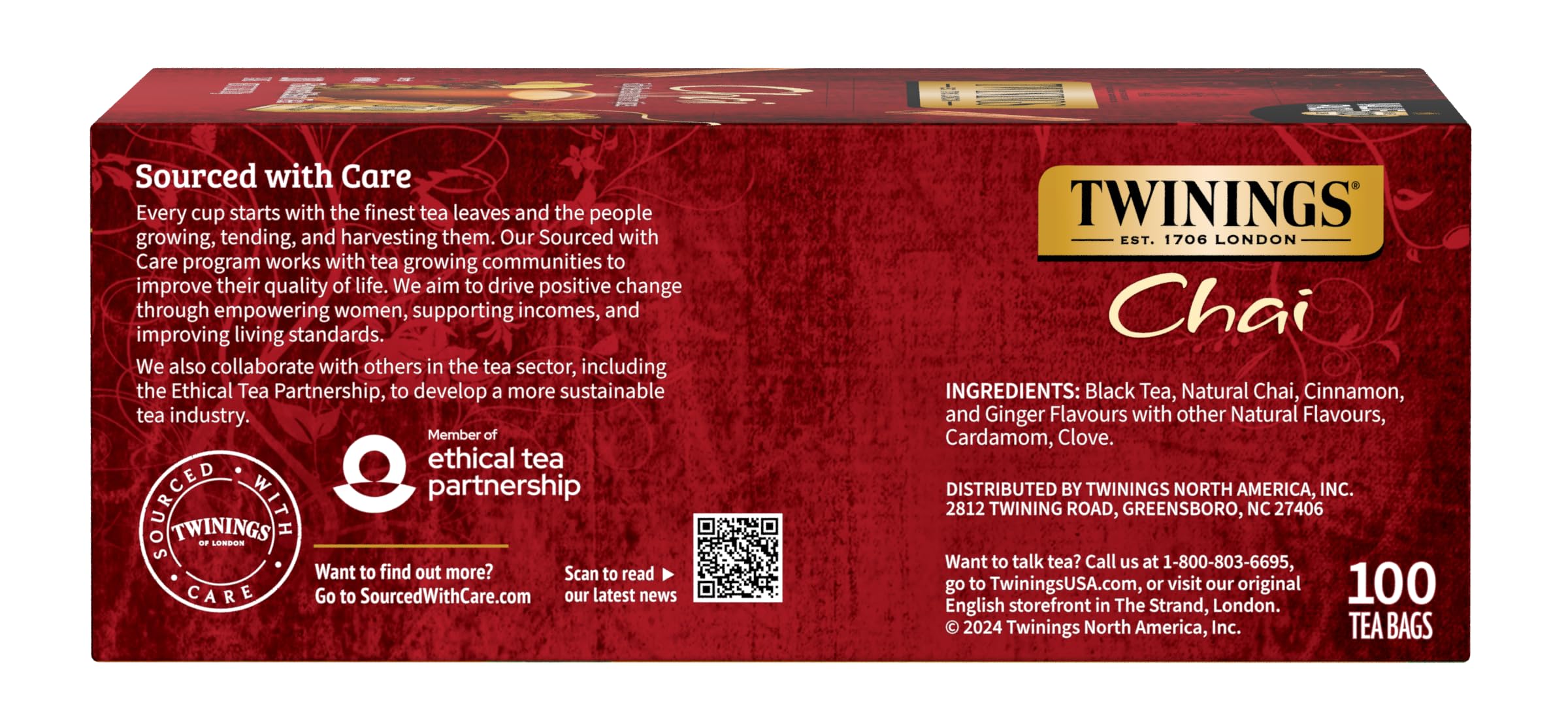 Twinings Chai Black Tea Individually Wrapped Bags, 100 Count (Pack of 1), Richly Blended with Warm Spices, Caffeinated, Enjoy Hot or Iced