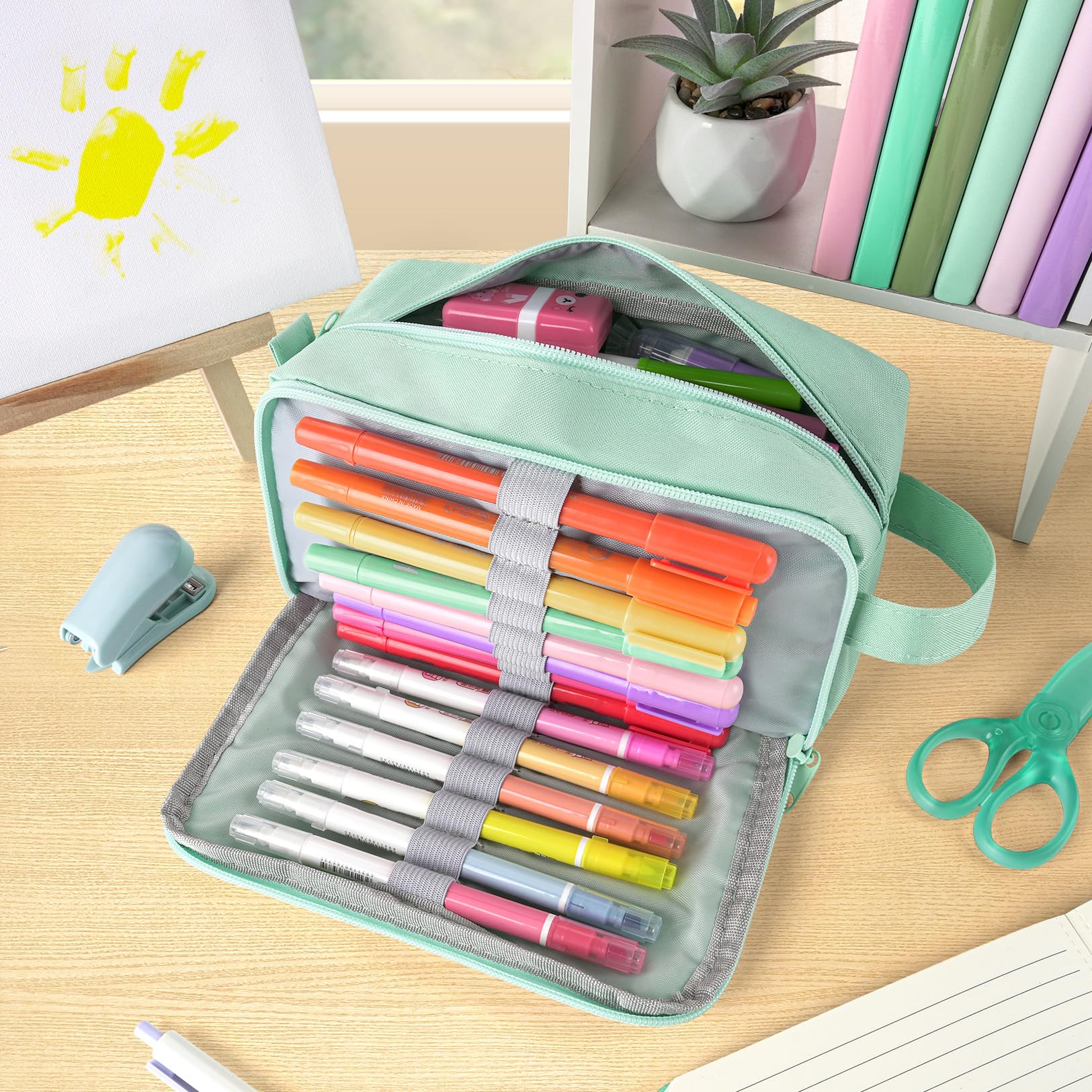 Sooez 𝐎𝐫𝐢𝐠𝐢𝐧𝐚𝐥 High Capacity Pencil Case, Big Pencil Bag Pouch Box Organizer Pen Case, Portable Journaling Supplies with Easy Grip Handle & Loop, Aesthetic Supply for Girls Adults, Mint Green