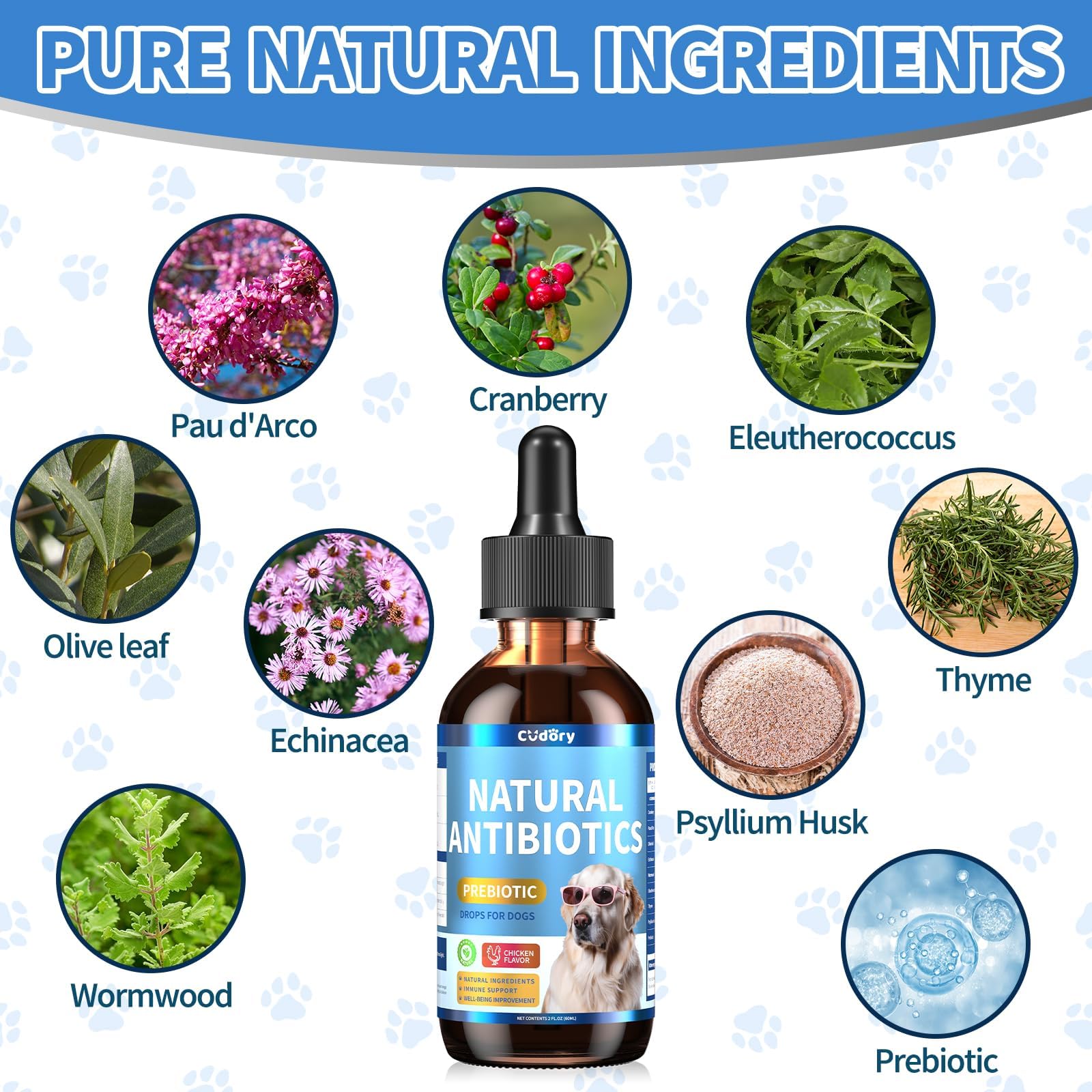 Natural Antibiotics for Dogs, Herbal Dog Antibiotics Supplement in Drops with Prebiotics, Natural Herbal Supports for Dogs Puppy All Breeds and Ages-Chicken Flavor | 2 fl oz