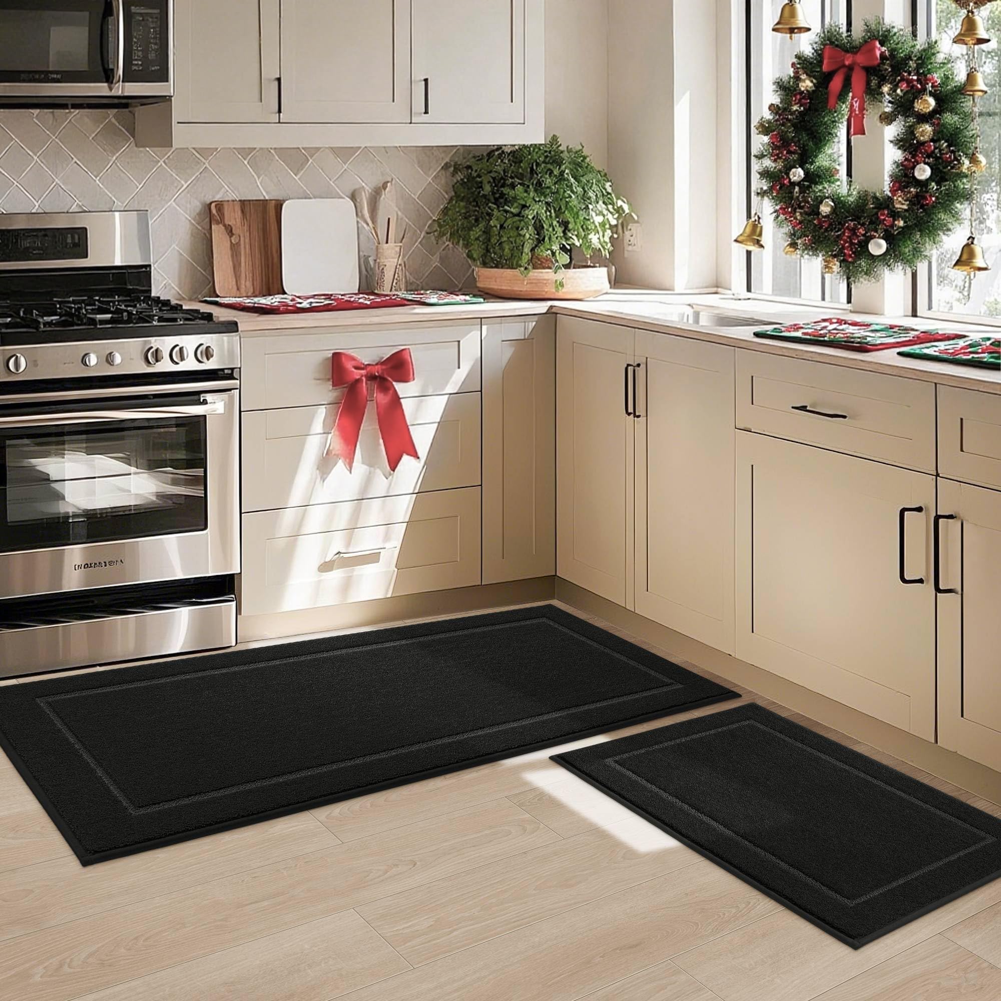 JSEI Non-Slip Kitchen Mats, Self Adhesive No Sliding Kitchen Rugs Set of 2, Washable Absorbent Floor Mat for Kitchen, Bathroom, Laundry Room, Bedroom, 20”x32”+32”x48”, Black, Rectangular Pattern