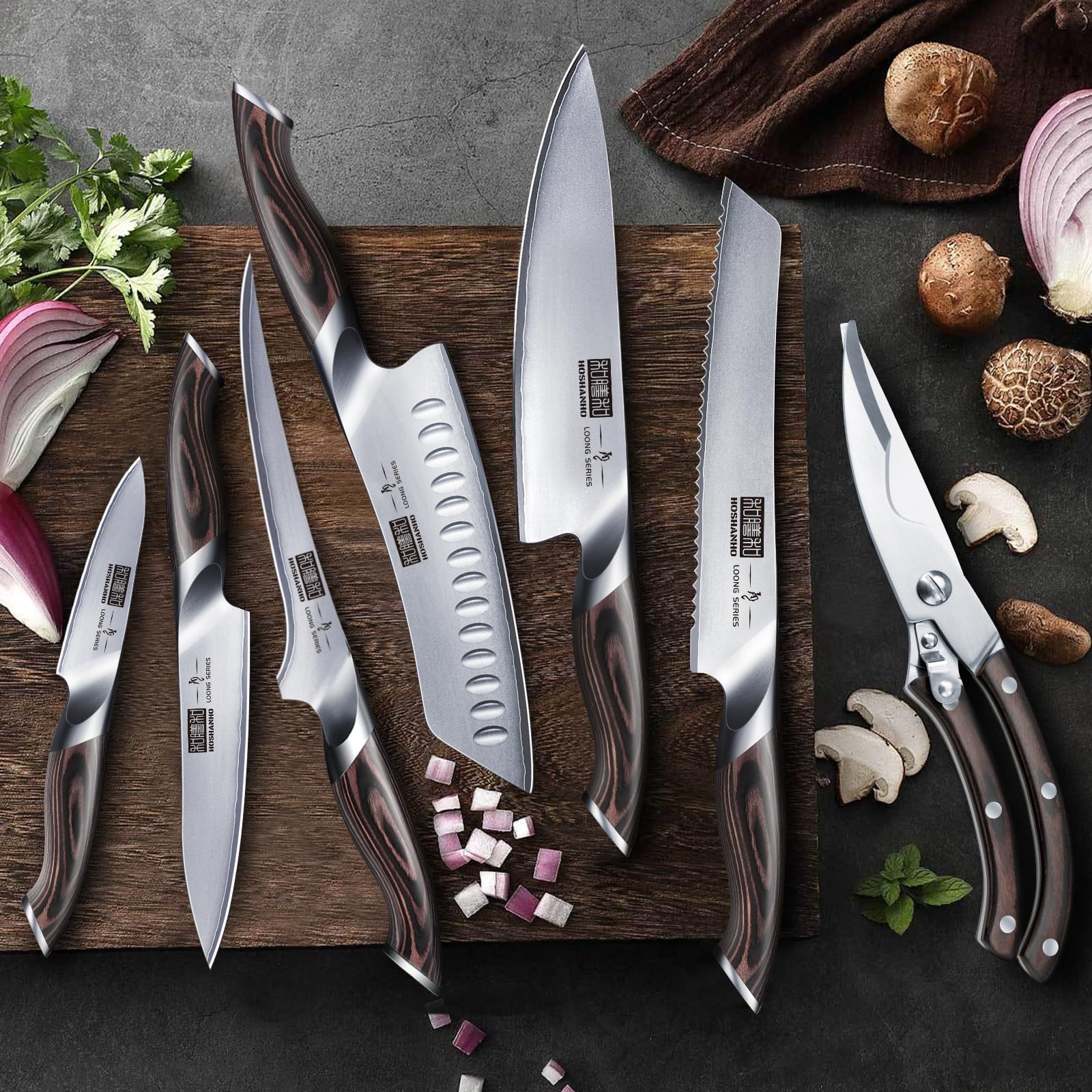 HOSHANHO 8-Piece Kitchen Knife Set, Japanese AUS-10 Super Steel Knife Set with Block, Professional Ultra Sharp Chef Knife Set with Scissors