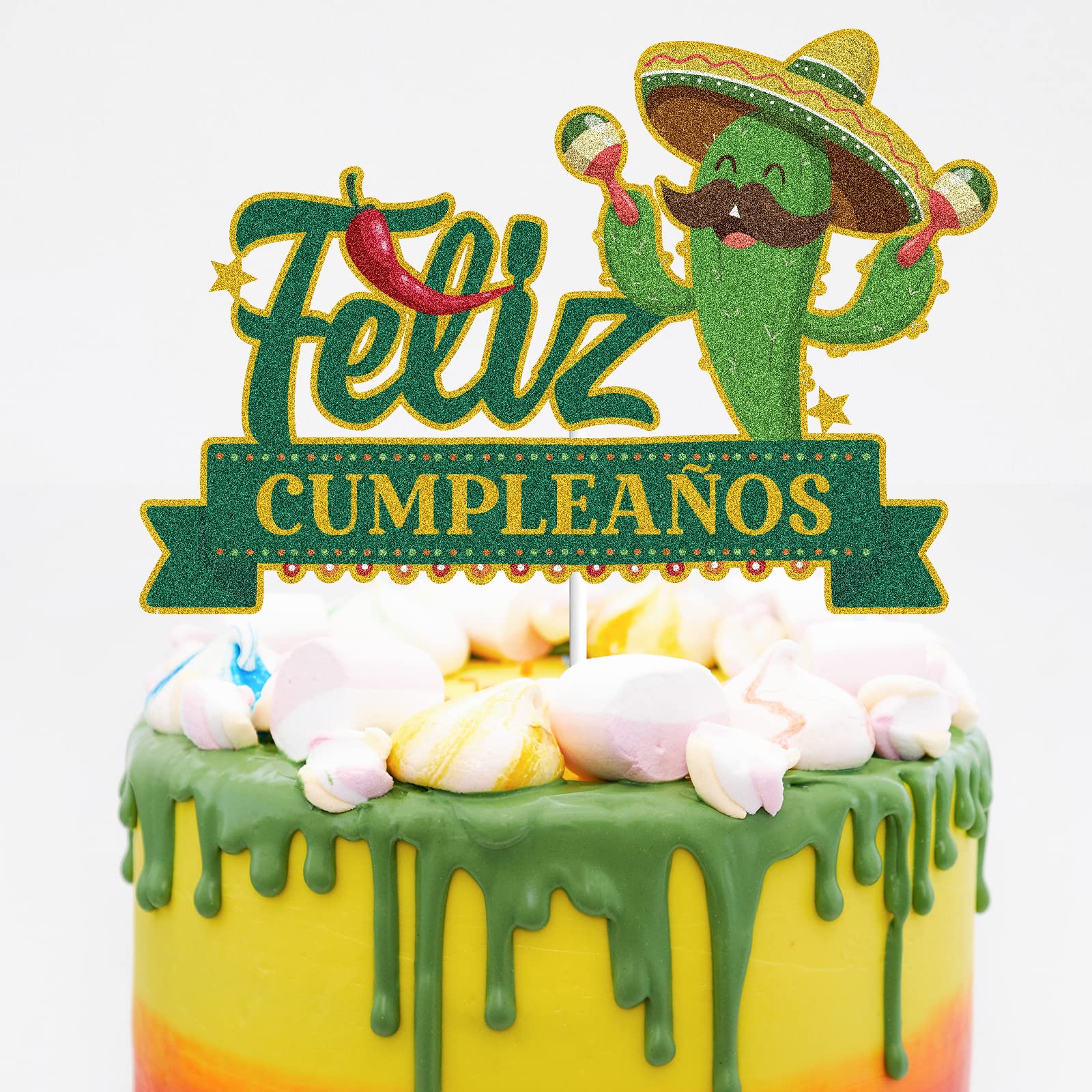 Feliz Cumpleaños Happy Birthday Cake Topper Green Glitter Mexican Cactus Taco Llama Maracas Cinco De Mayo Spanish Fiesta Theme Party Decors Supplies