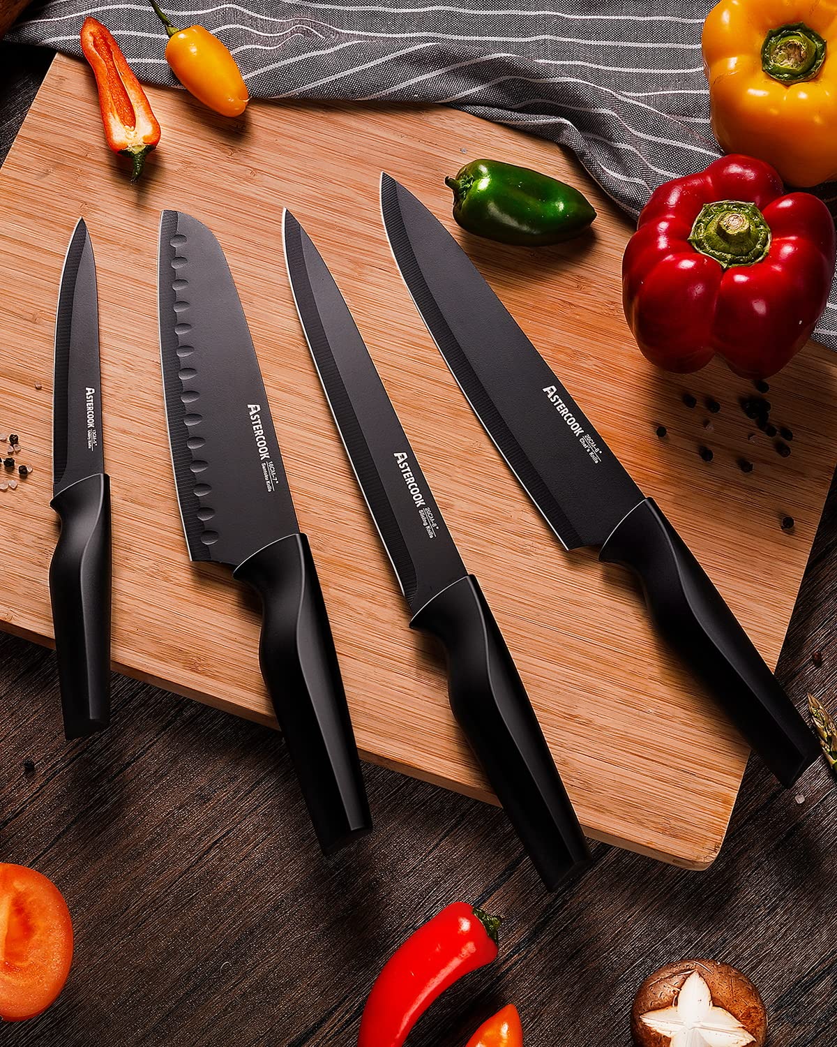 Astercook Knife Set, Kitchen Knife Set with Built-in Sharpener Block, Dishwasher Safe, 15 Pieces German Stainless Steel Knife Block Set, Black