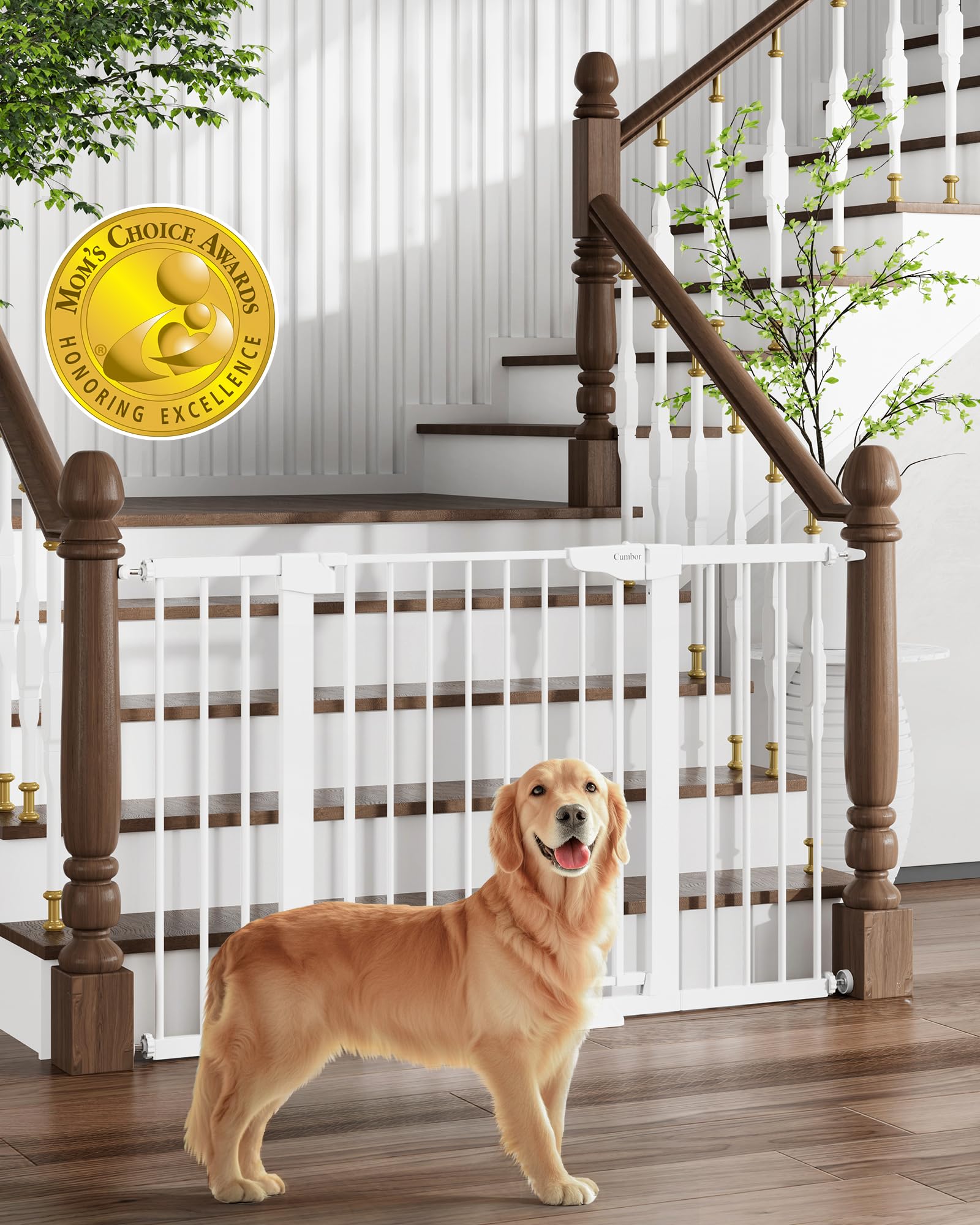 Cumbor 29.7-51.5" Baby Gate Extra Wide, Safety Dog Gate for Stairs, Easy Walk Thru Auto Close Pet Gates for The House, Doorways, Child Gate Includes 4 Wall Cups,White, Mom's Choice Awards Winner