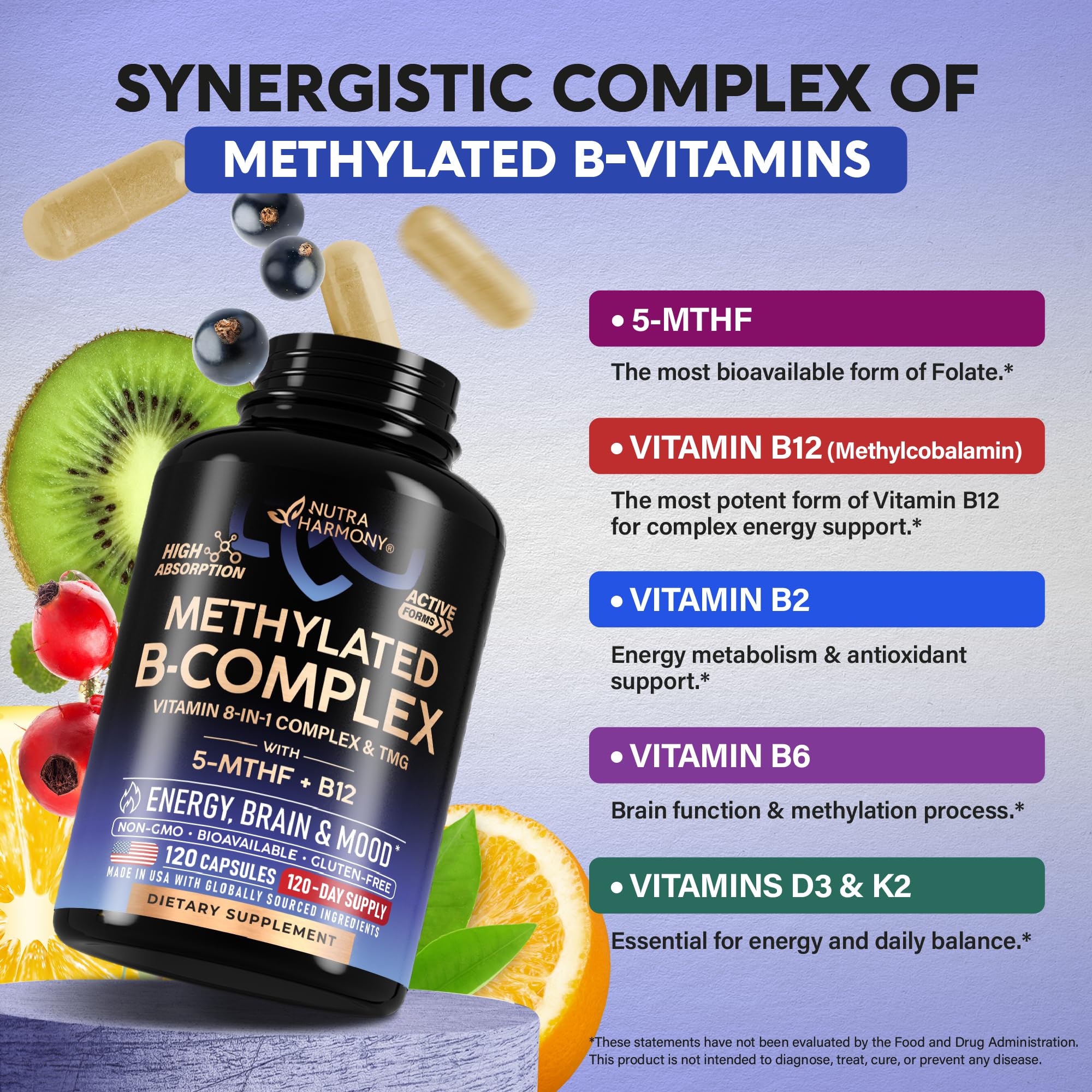 Vitamin B Complex Methylated - B-Complex with Methylfolate & B12 - Bioavailable for Men & Women - 9-in-1 Methylated Multivitamin - Energy, Brain & Mood - Vegan - Made in USA - 120 Capsules, One/Day
