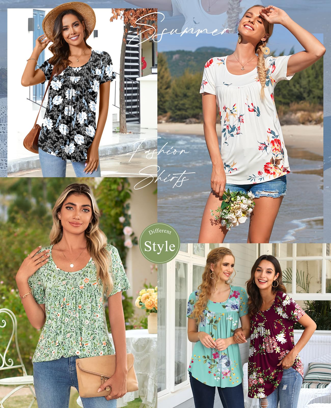 CATHY Women's 2025 Summer Short Sleeve Tunic Tops Loose Fit Comfy Blouses Casual Shirts for Leggings M-4XL,3XL,Floral White